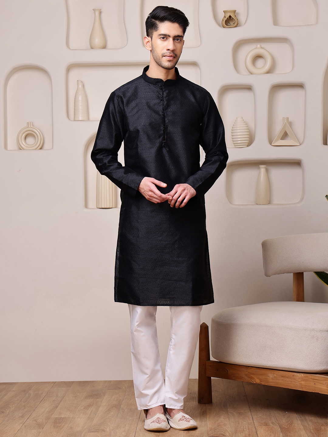 Black Woven Silk Blend Kurta Pyjama