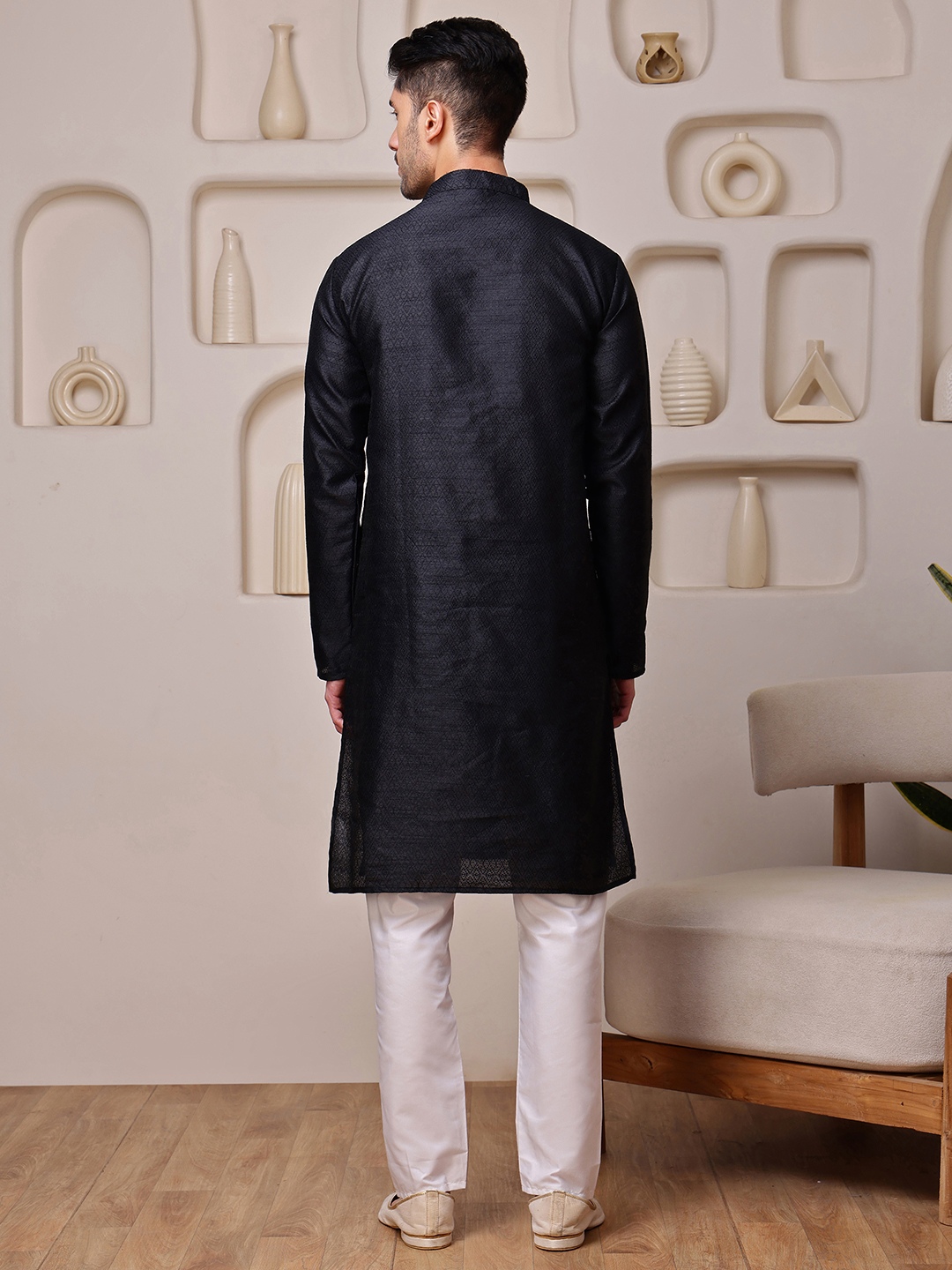 Black Woven Silk Blend Kurta Pyjama — alternate view