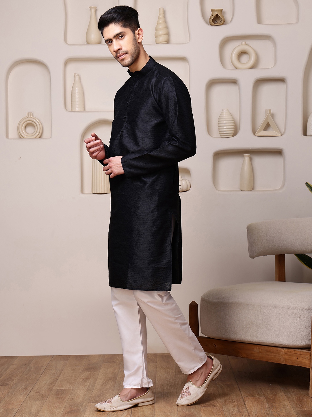 Black Woven Silk Blend Kurta Pyjama