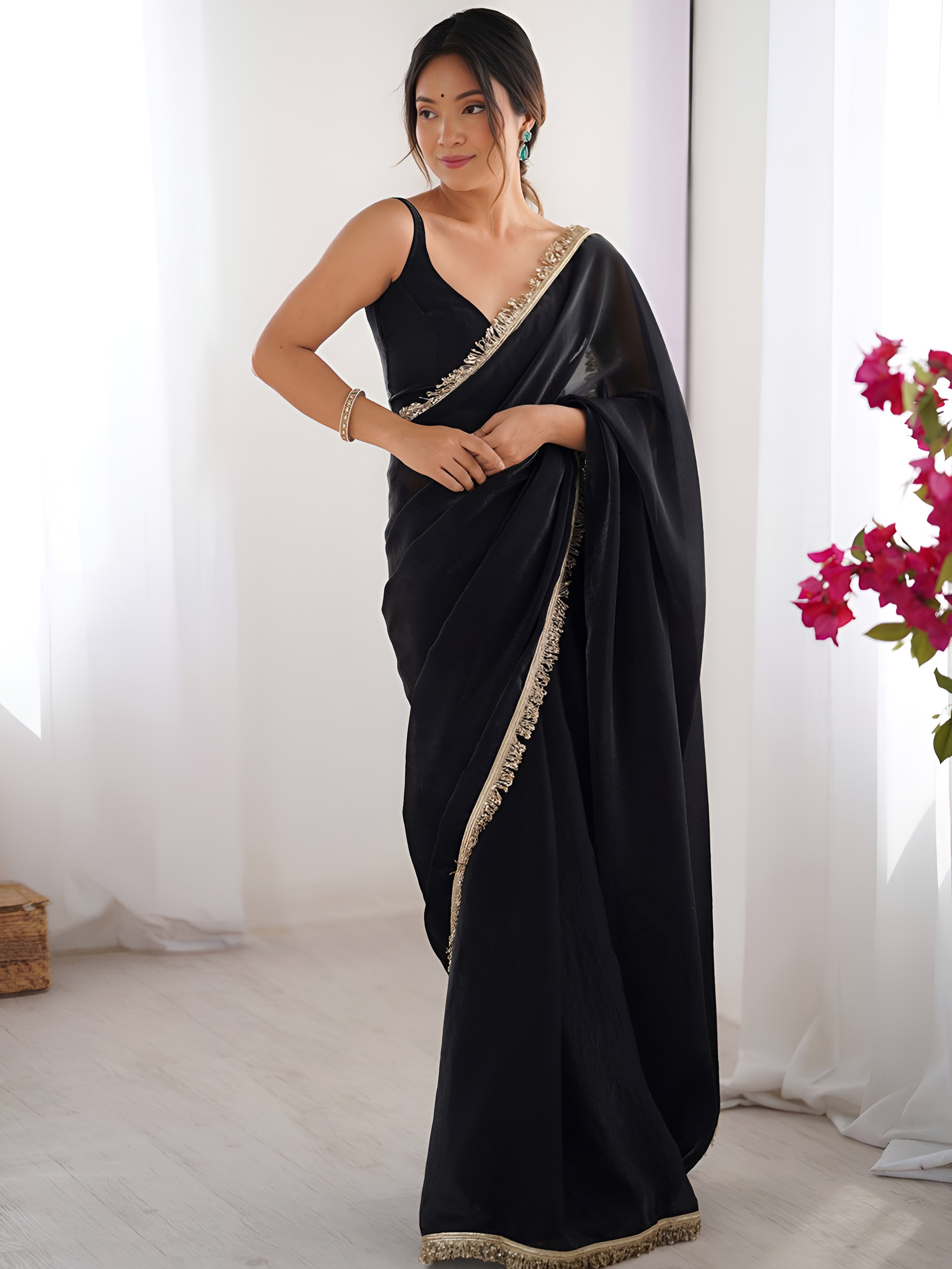 Black Zalar Lace Border Space Silk Saree