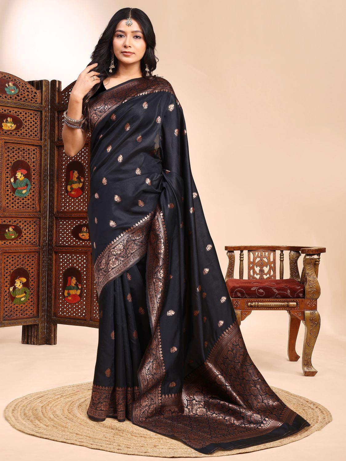 Black Zari Butta Lichi Silk Woven Designer Saree