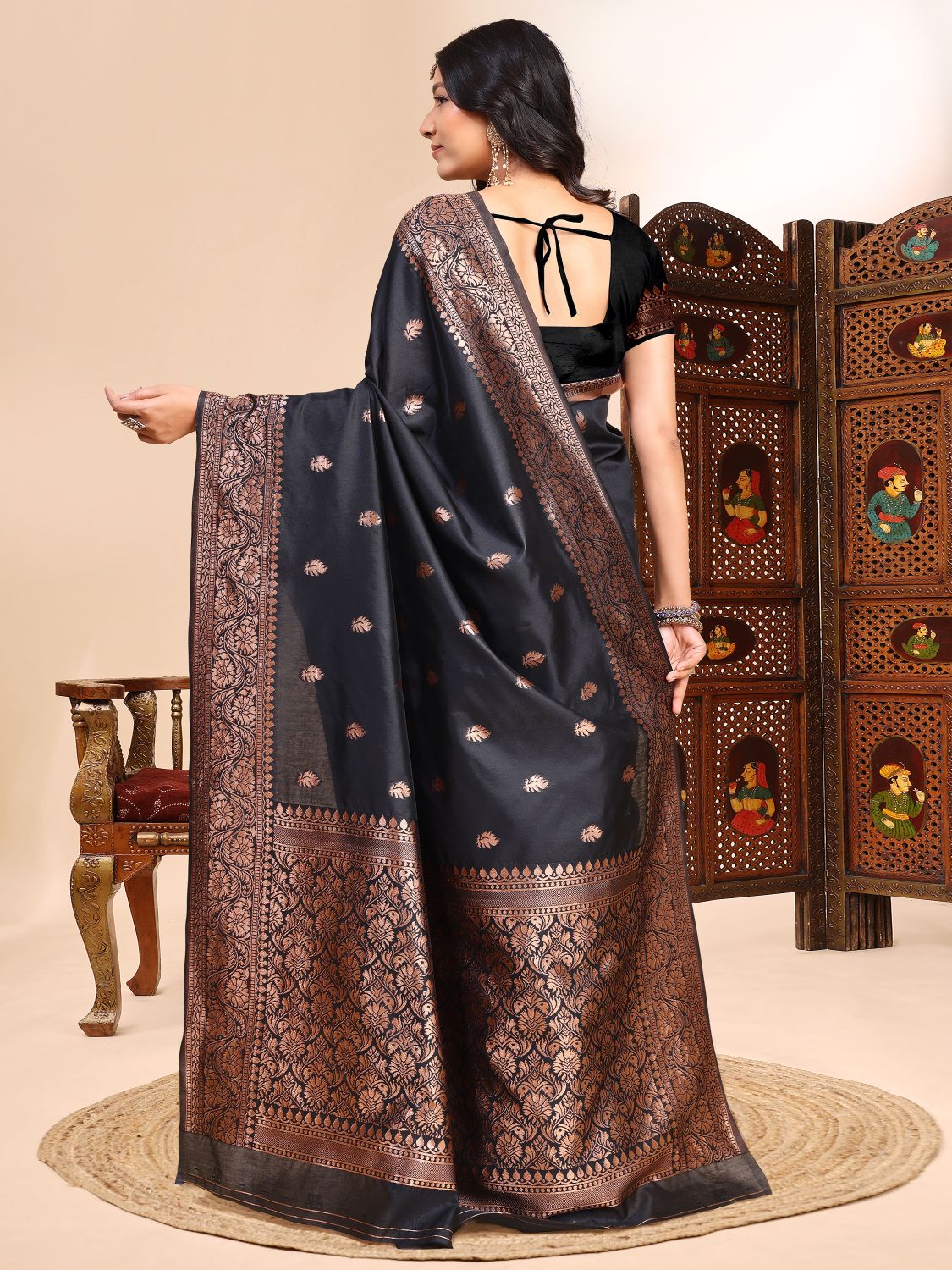 Black Zari Butta Lichi Silk Woven Designer Saree — alternate view