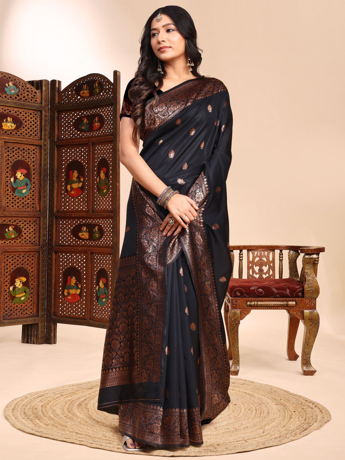 Black Zari Butta Lichi Silk Woven Designer Saree