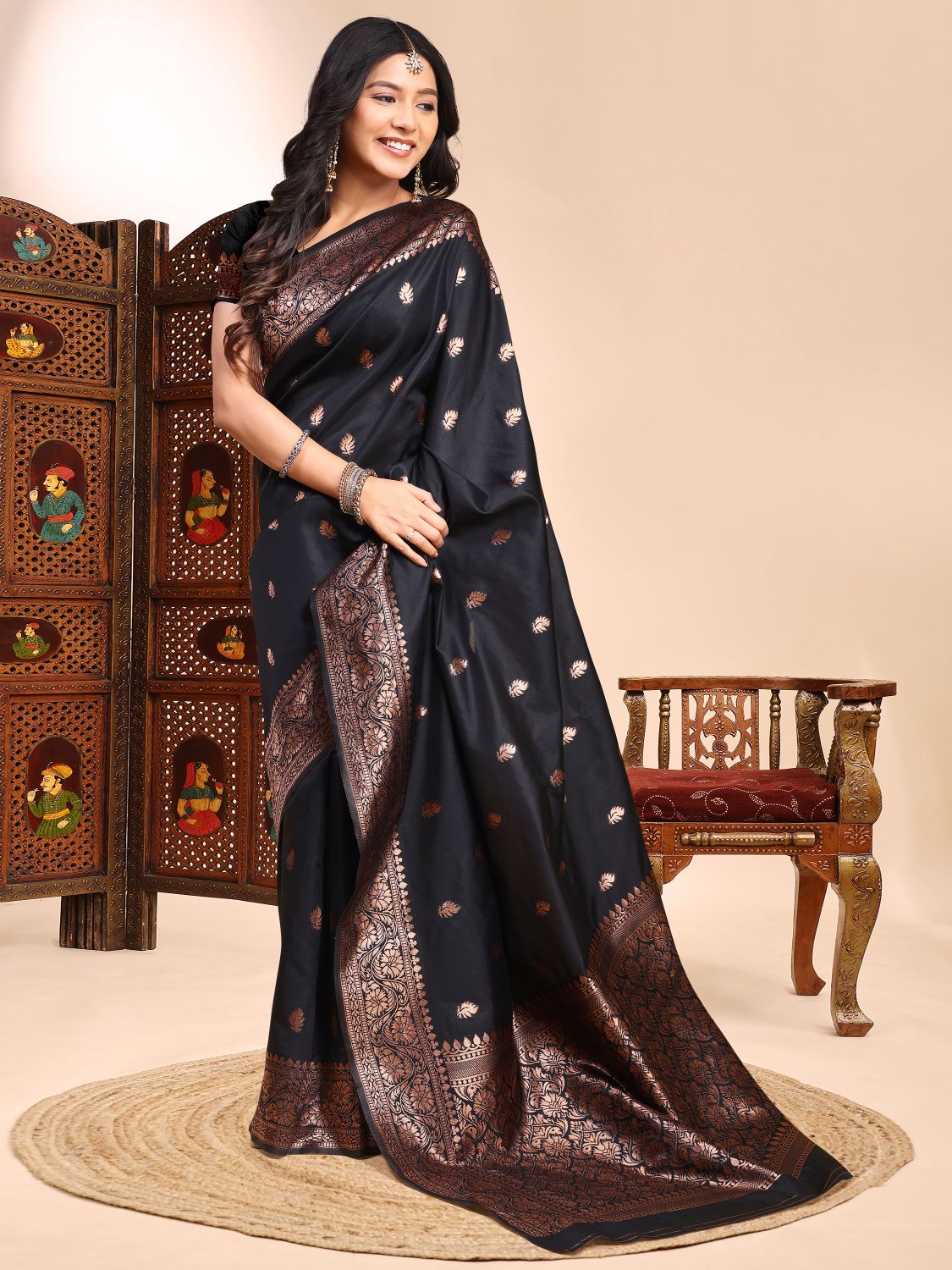 Black Zari Butta Lichi Silk Woven Designer Saree