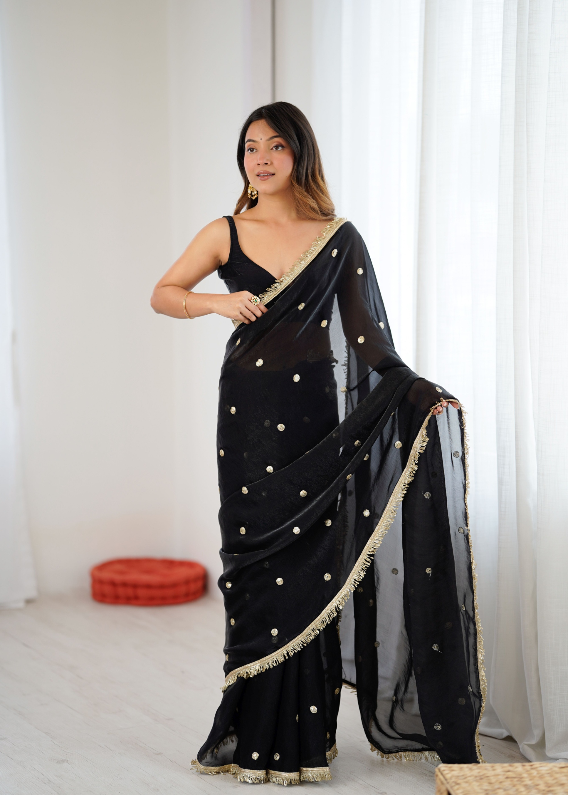 Black Zari Sequin Fendy Satin Saree