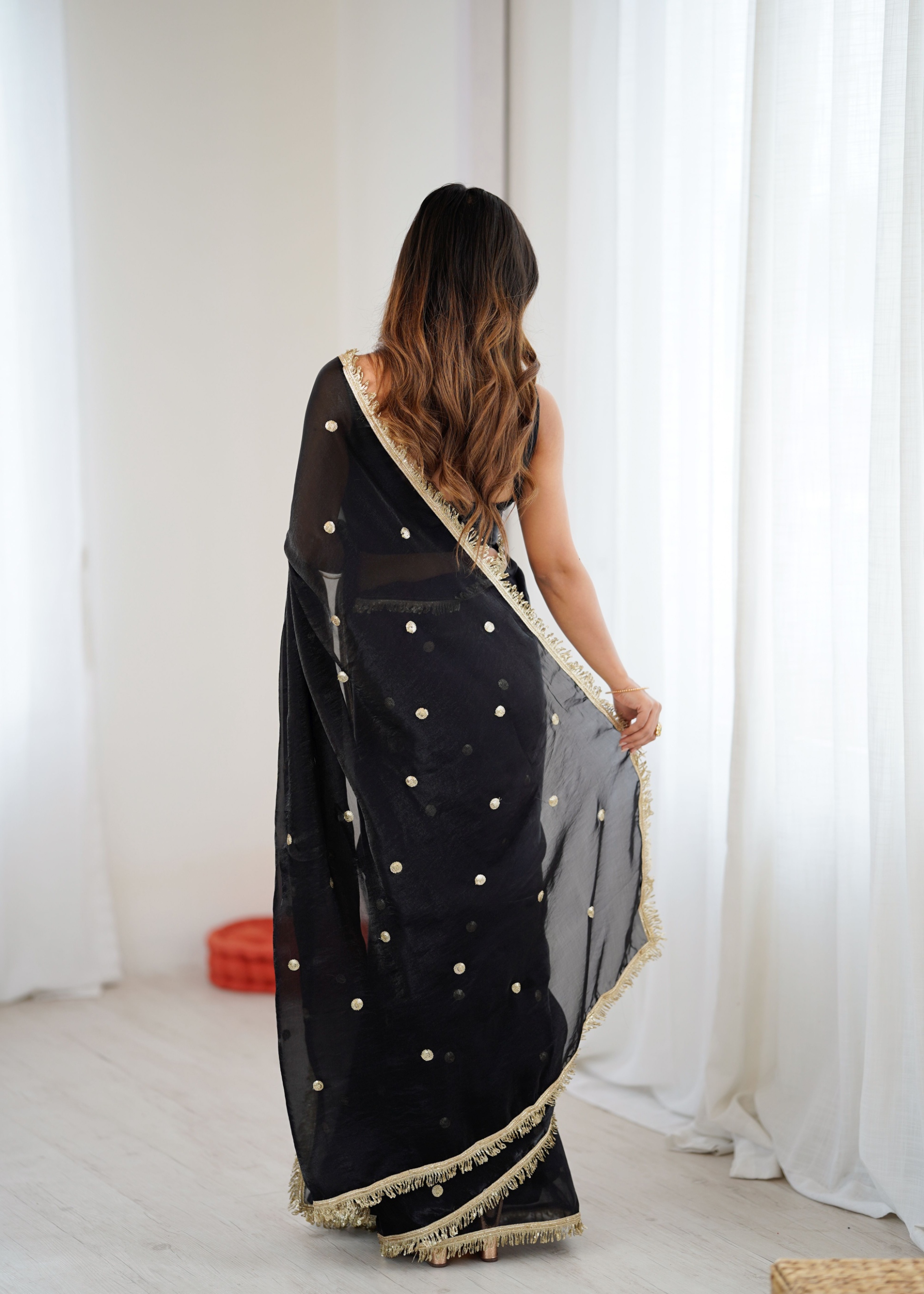 Black Zari Sequin Fendy Satin Saree — alternate view