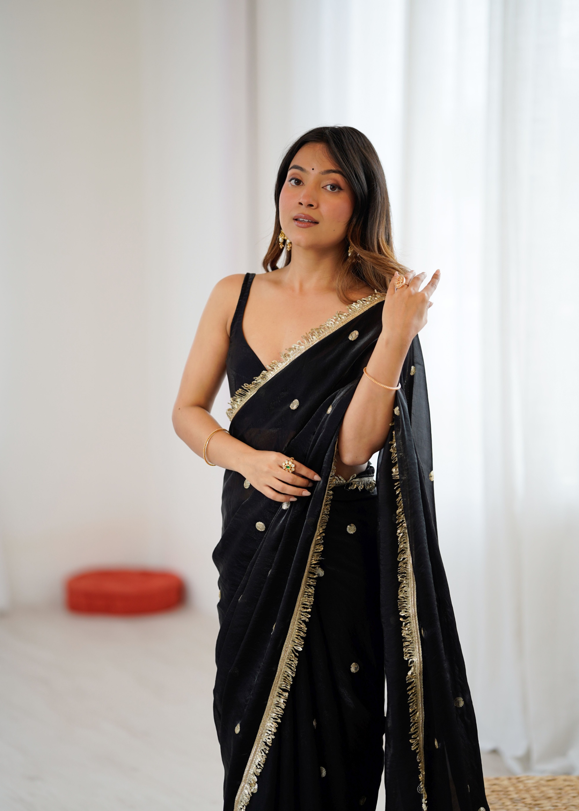 Black Zari Sequin Fendy Satin Saree