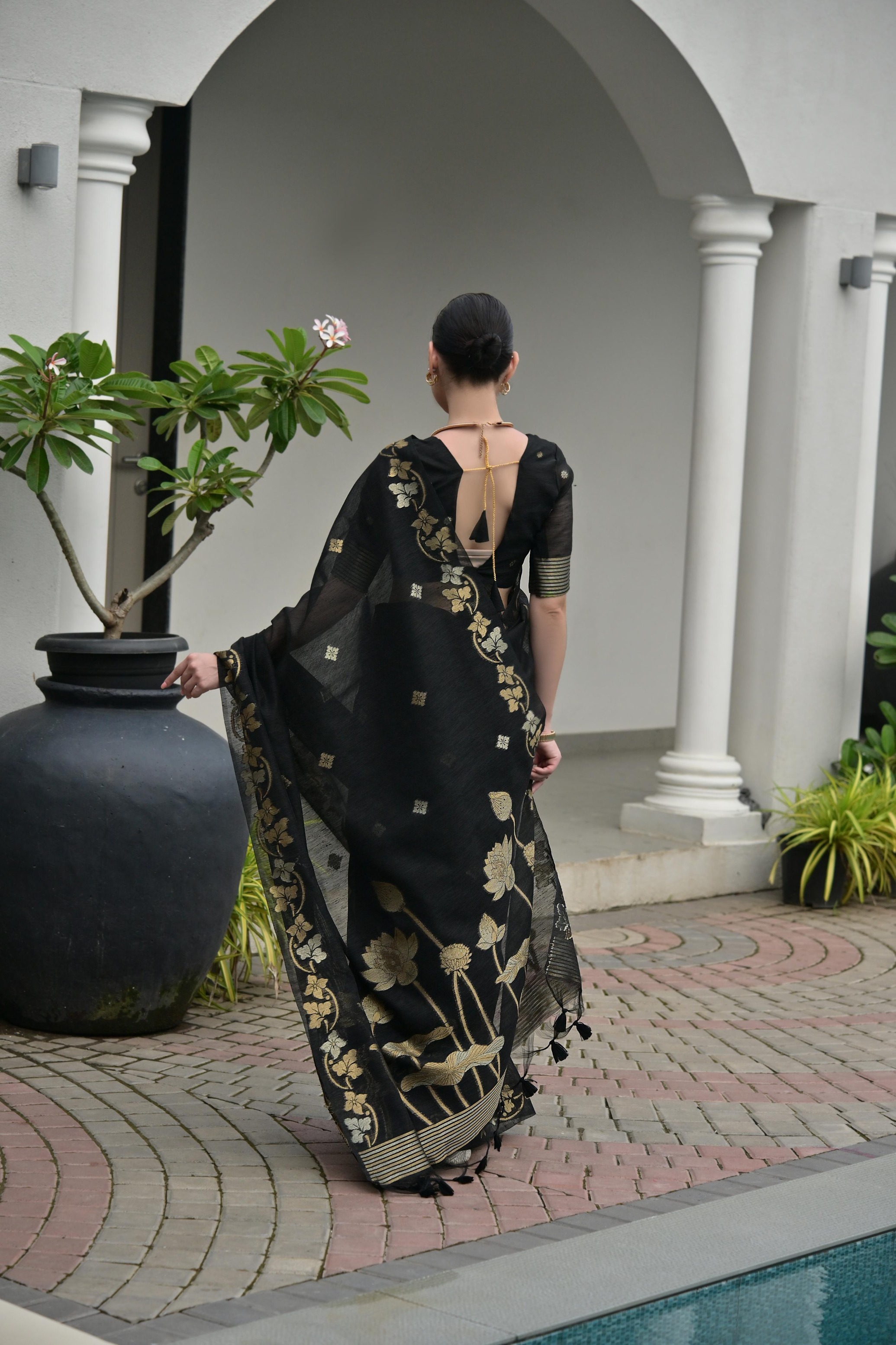 Black Zari Woven Jute Linen Silk Saree — alternate view