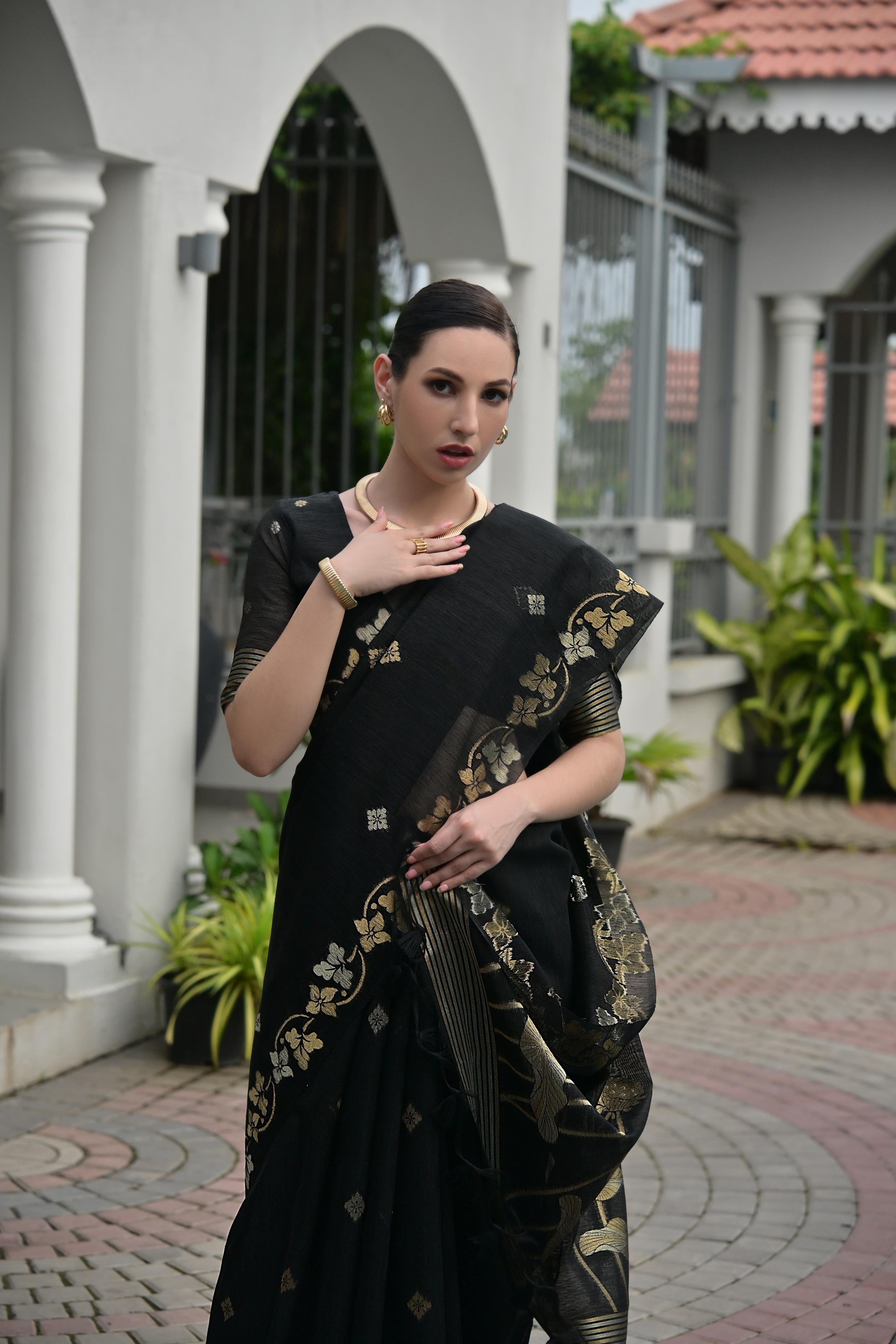 Black Zari Woven Jute Linen Silk Saree