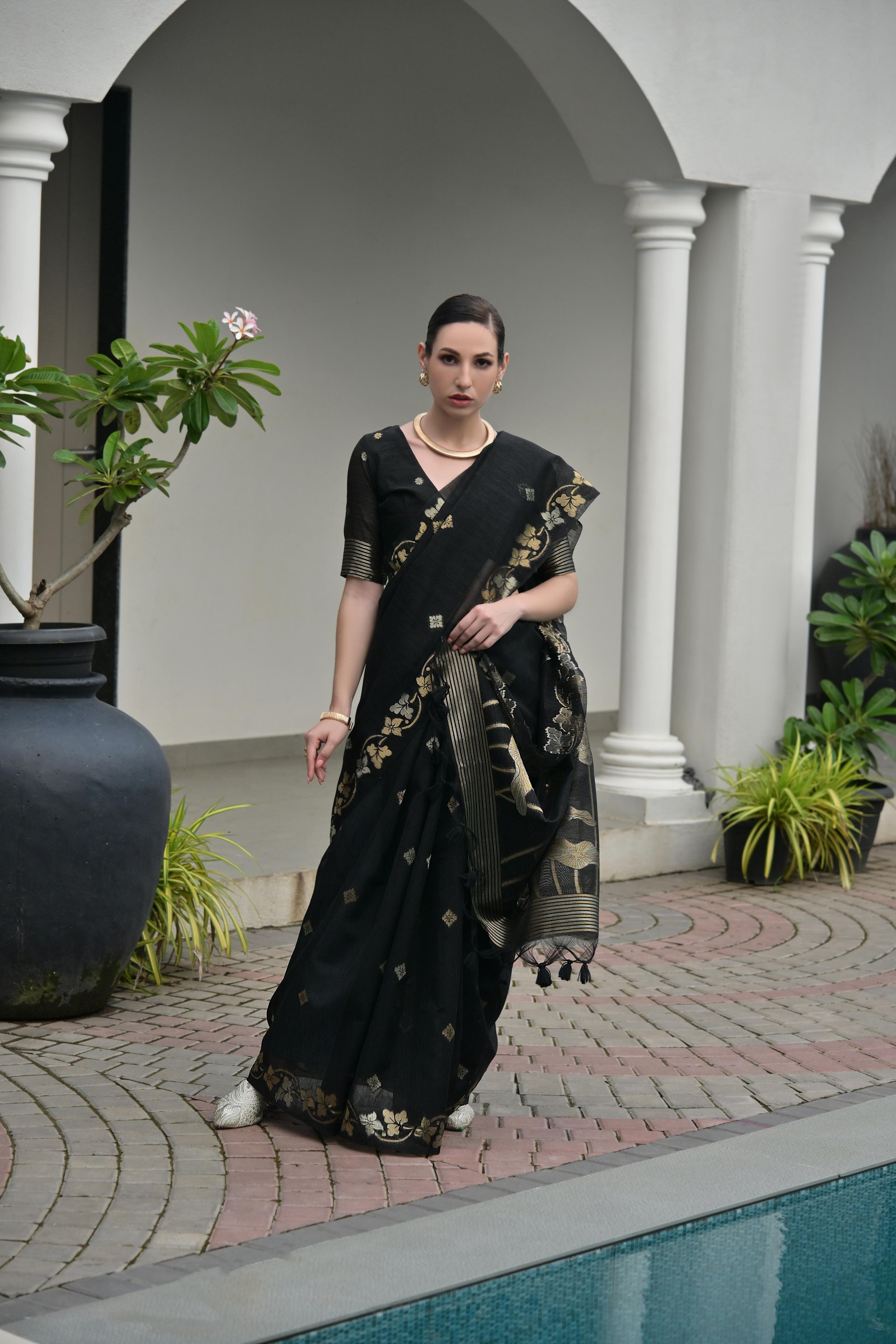 Black Zari Woven Jute Linen Silk Saree