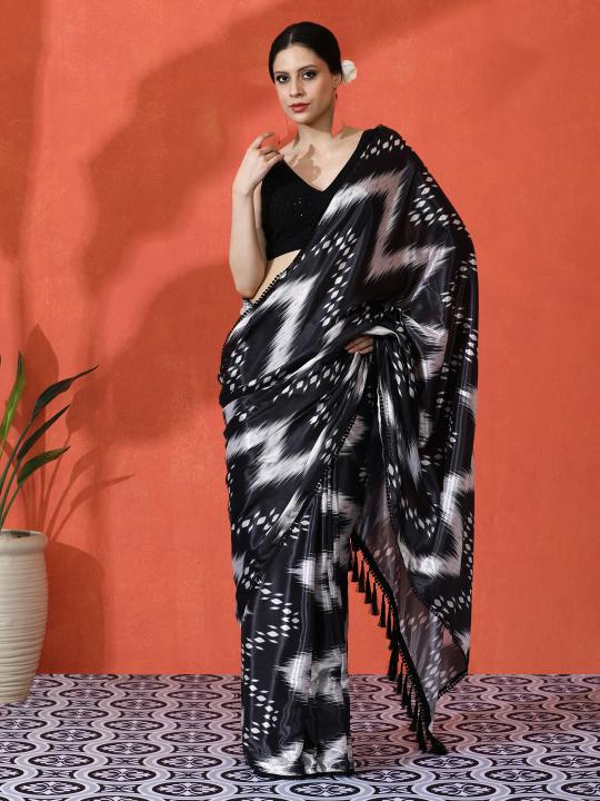 Black Zig Zag Chinnon Digital Printed Saree