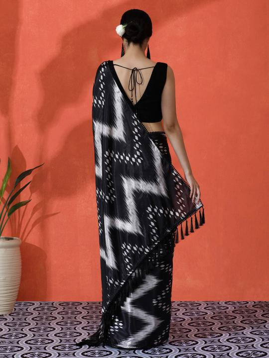Black Zig Zag Chinnon Digital Printed Saree — alternate view