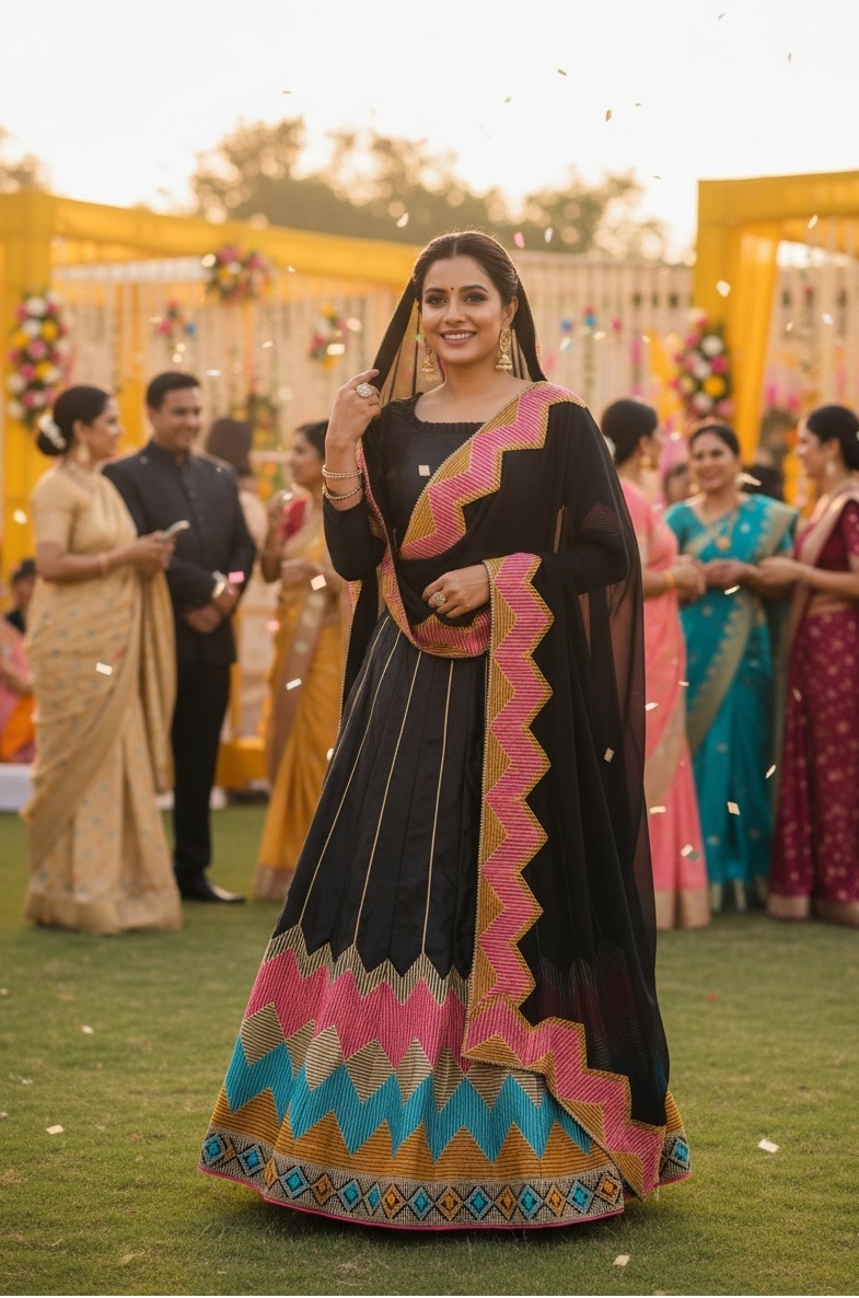 Black Zigzag Embroidered Taffeta Silk Lehenga Choli