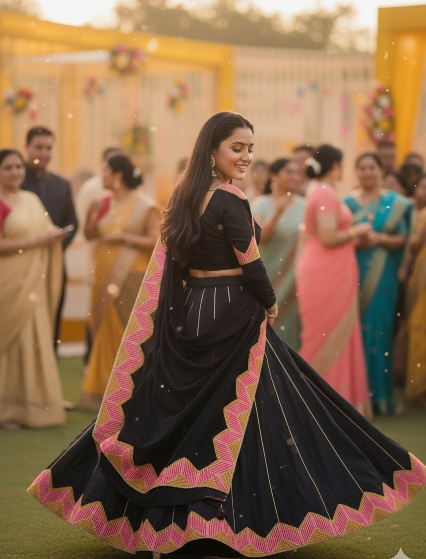 Black Zigzag Embroidered Taffeta Silk Lehenga Choli — alternate view