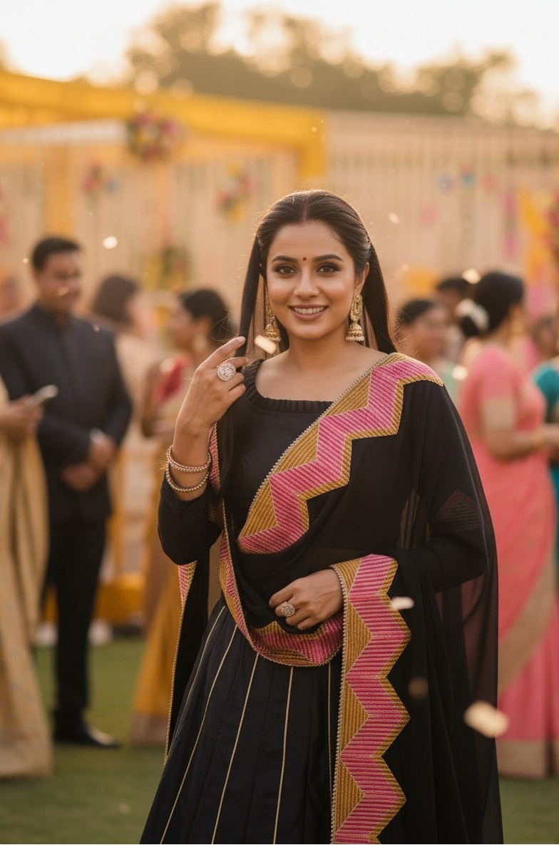 Black Zigzag Embroidered Taffeta Silk Lehenga Choli