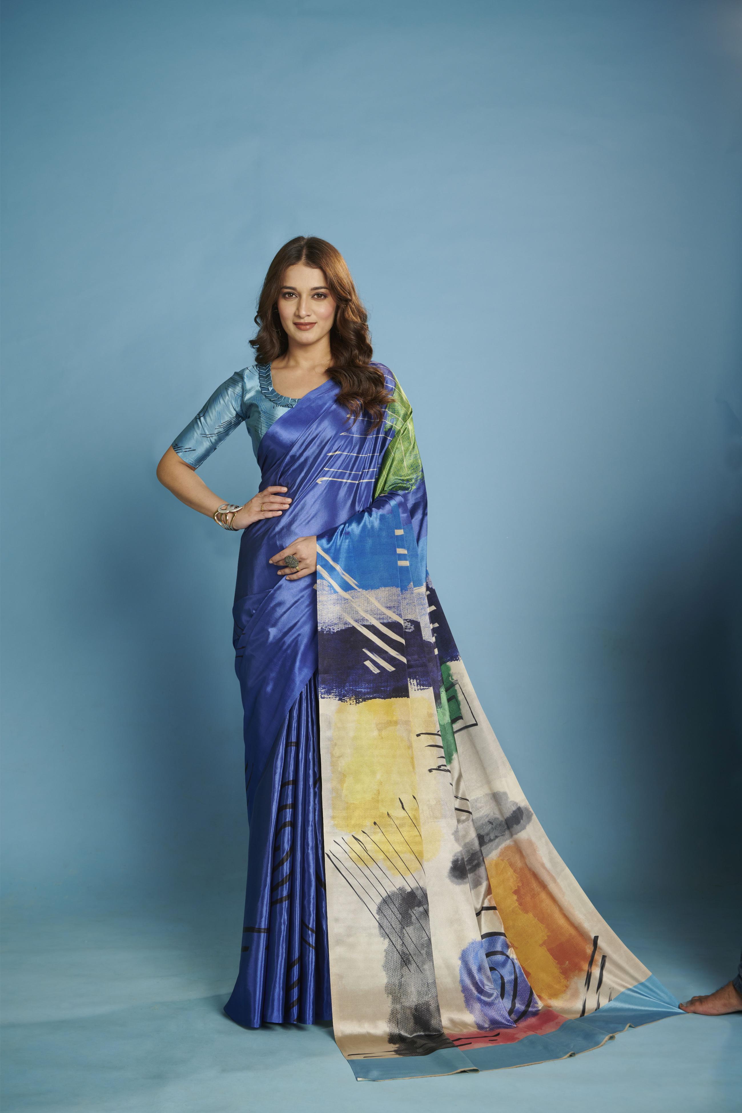 Blue Abstract Art Malai Crepe Silk Saree