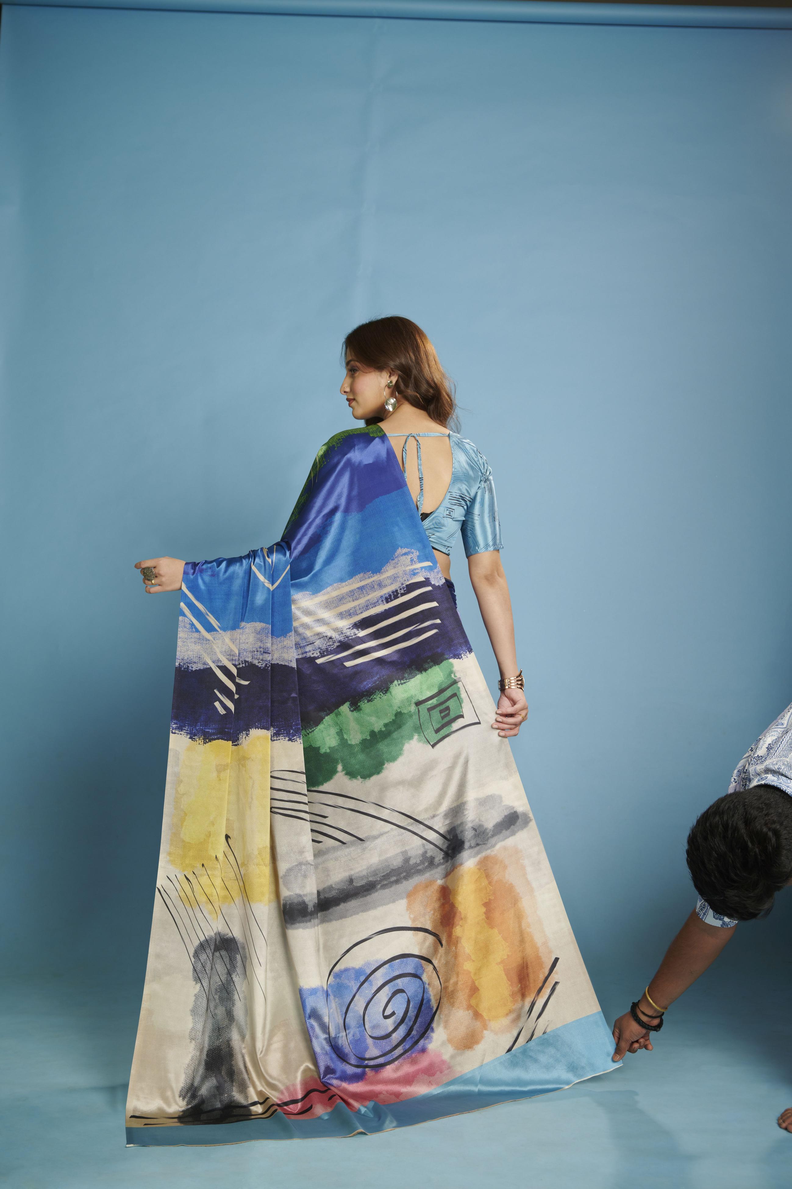 Blue Abstract Art Malai Crepe Silk Saree — alternate view