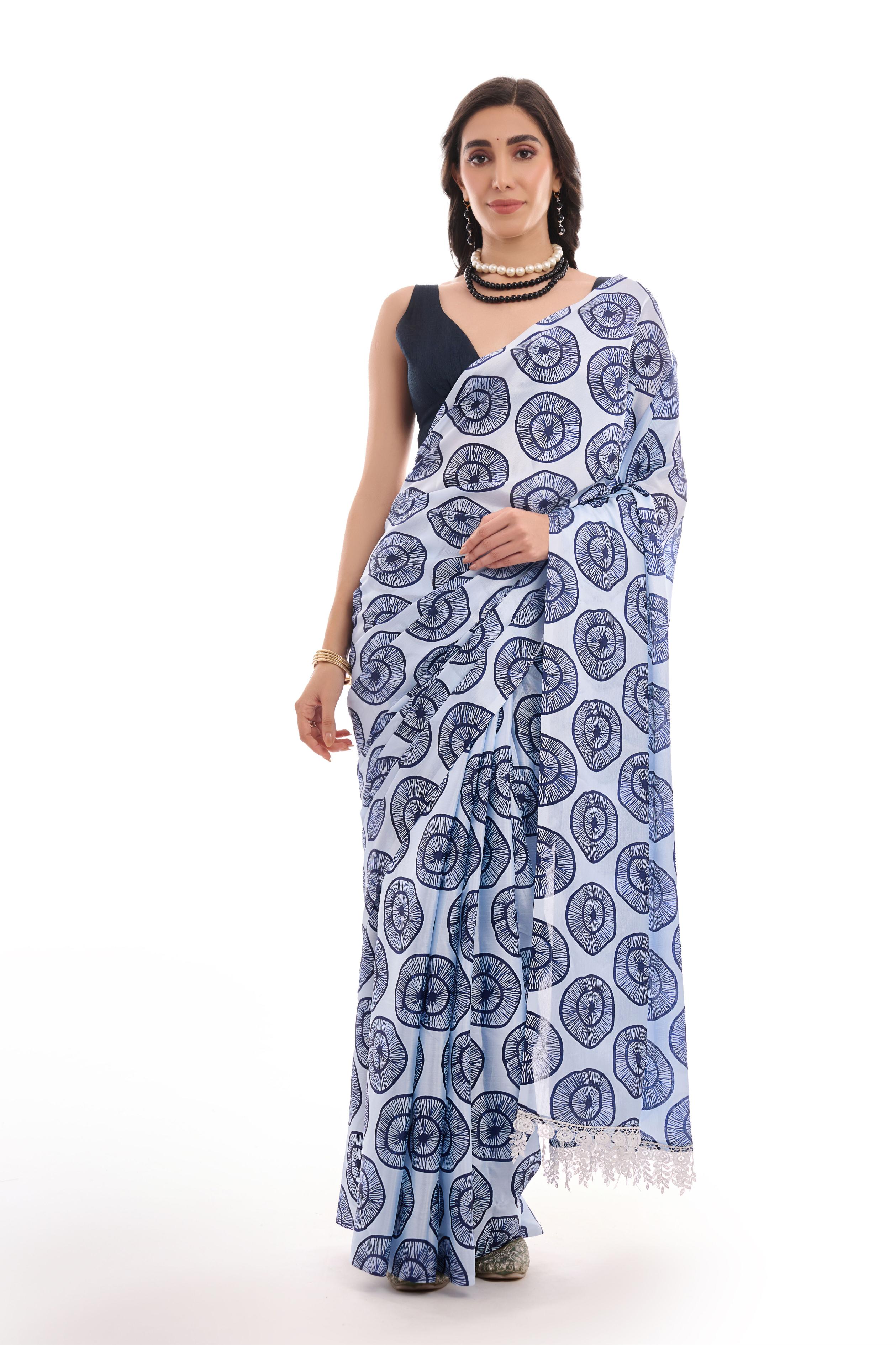 Blue Abstract Printed Chinon Ready To Wear Saree