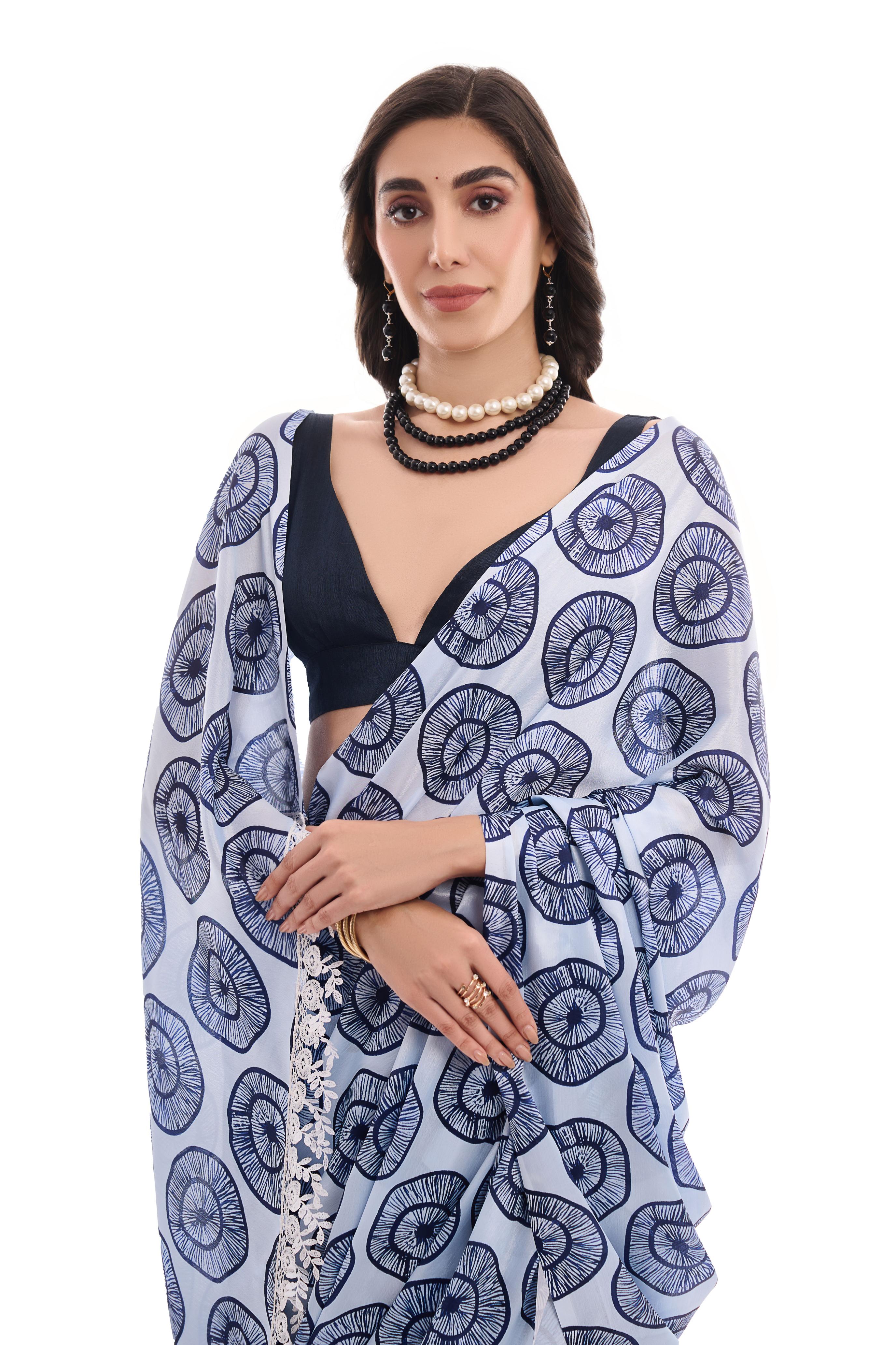 Blue Abstract Printed Chinon Ready To Wear Saree — alternate view