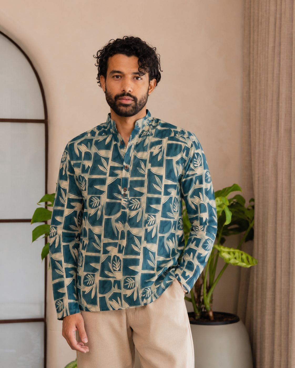 Blue Abstract Printed Swiss Linen Short Kurta