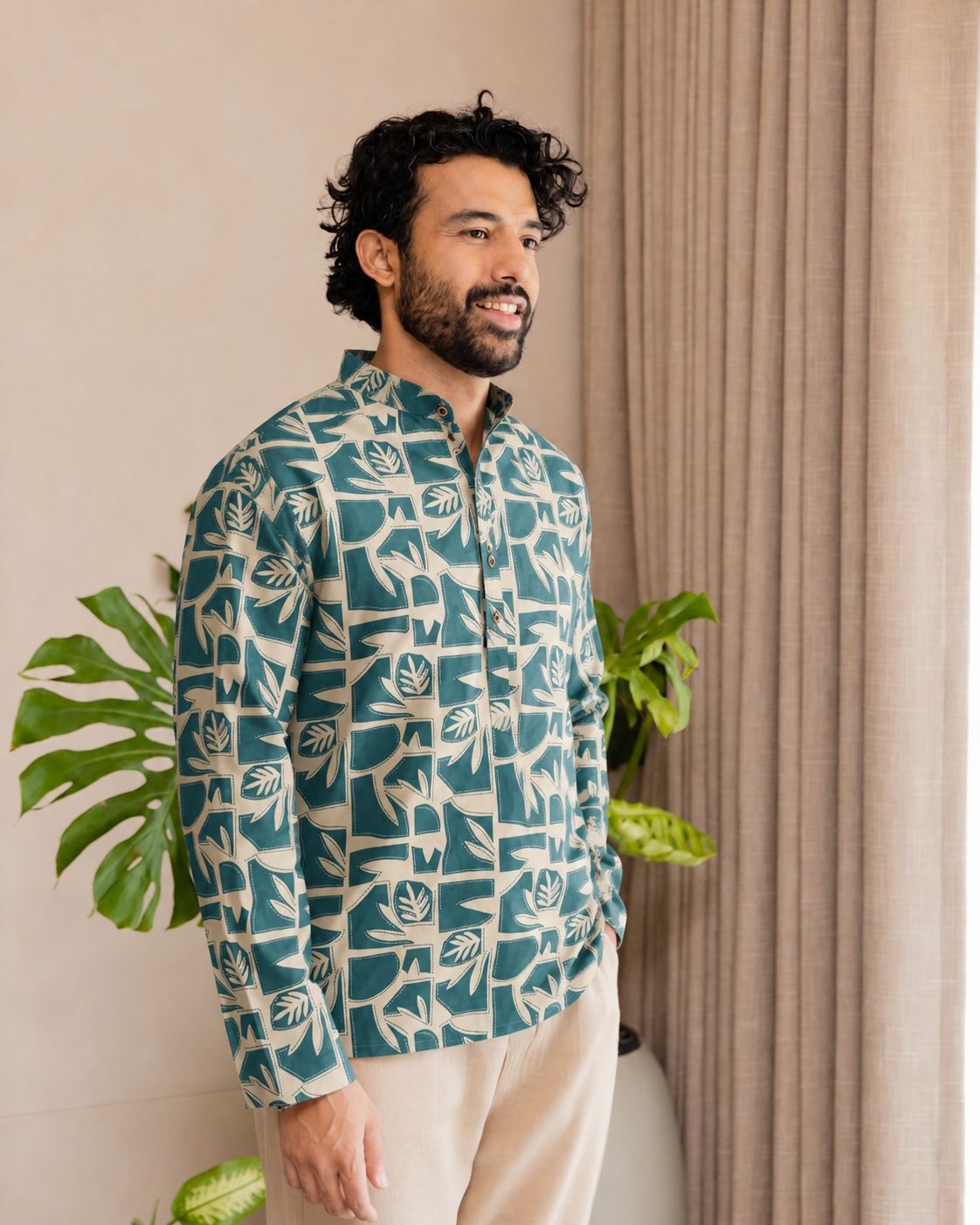 Blue Abstract Printed Swiss Linen Short Kurta — alternate view