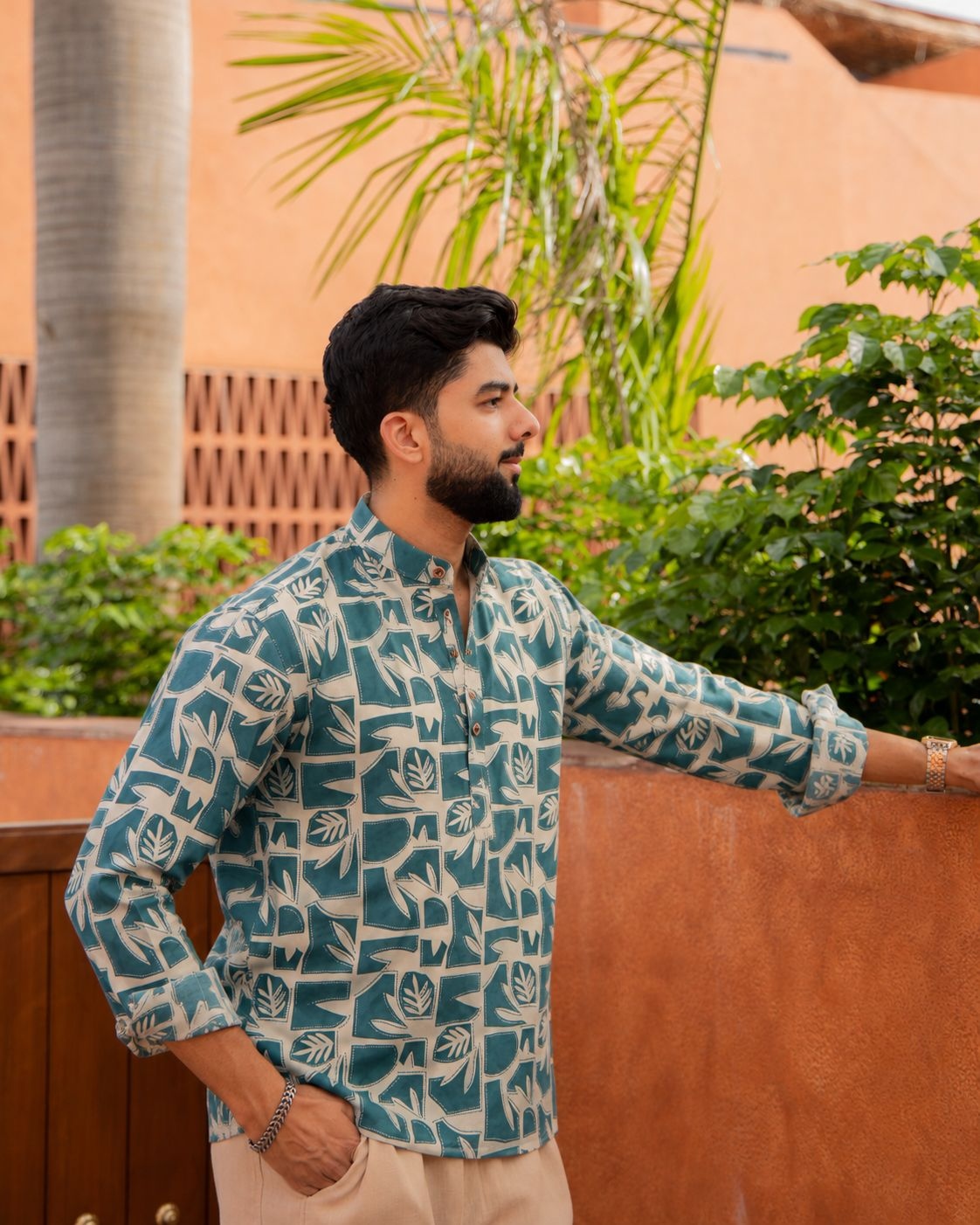 Blue Abstract Printed Swiss Linen Short Kurta