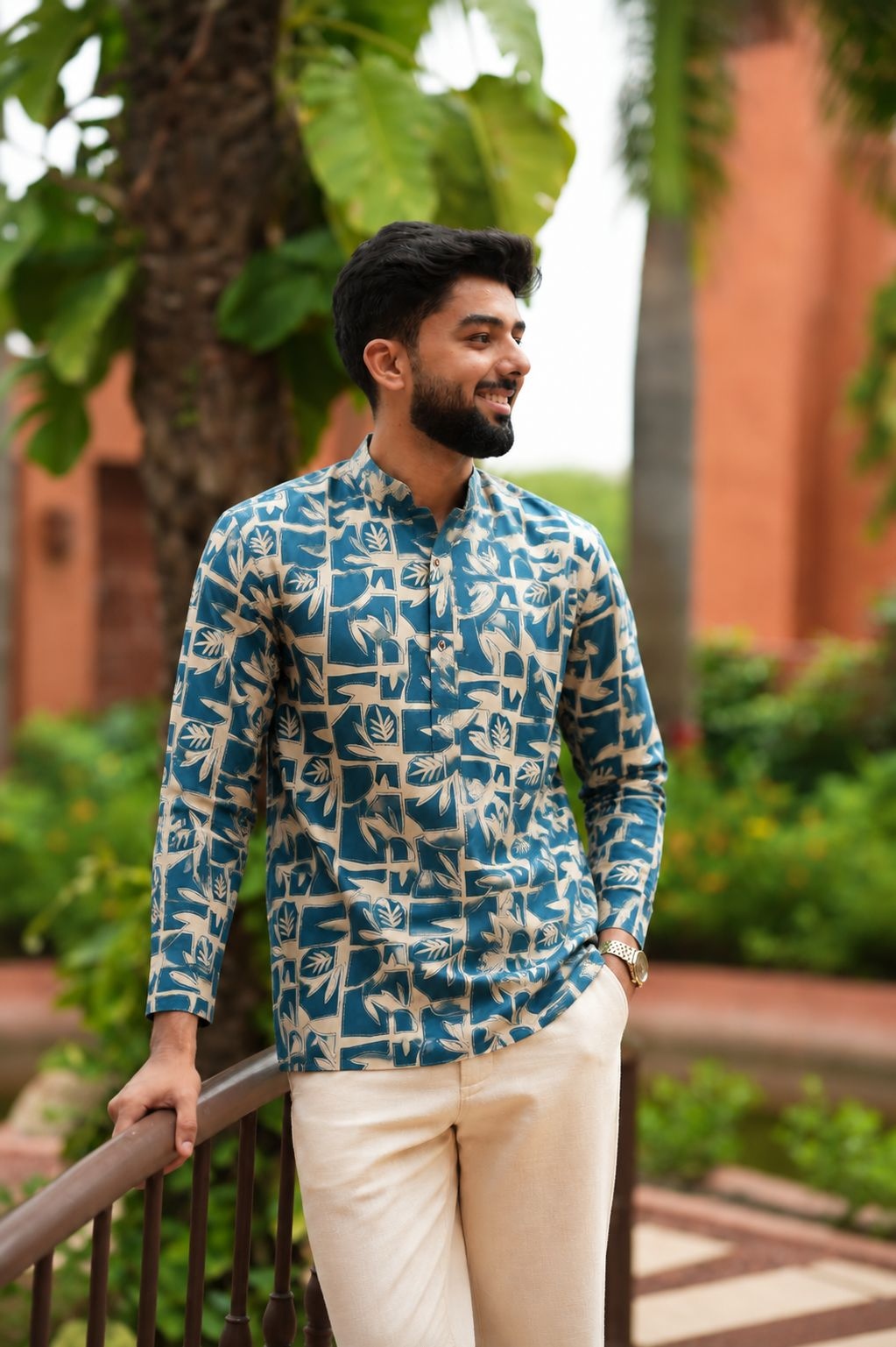 Blue Abstract Printed Swiss Linen Short Kurta
