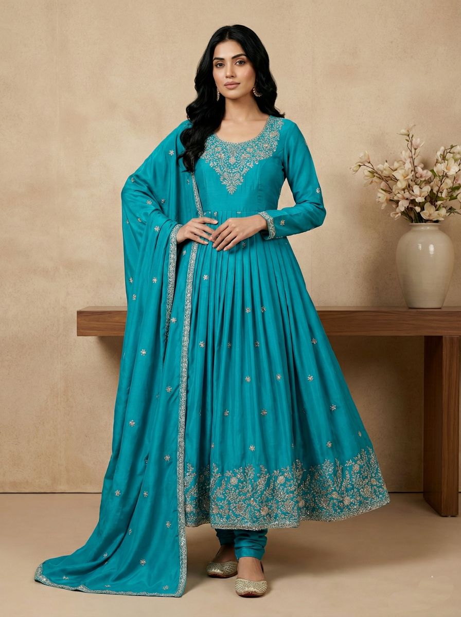 Blue American Silk Sequins Thread Designer Suit