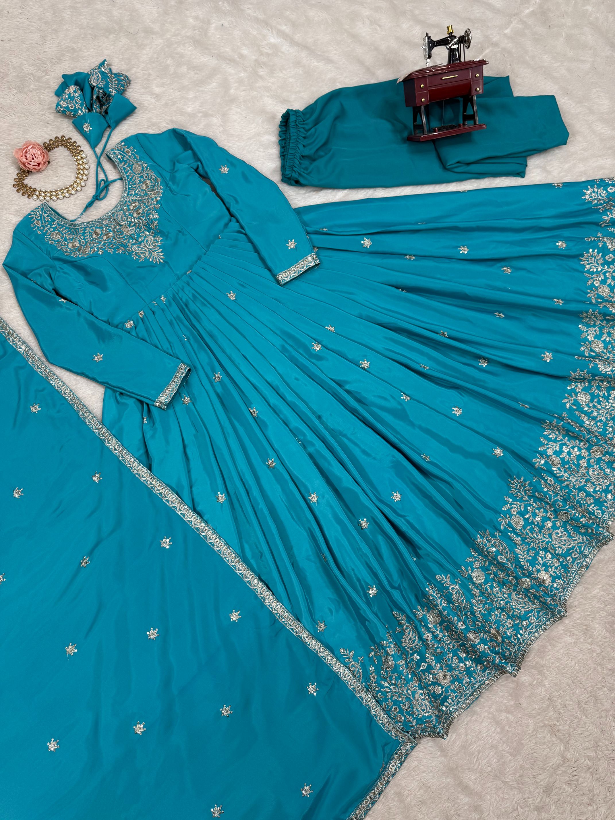 Blue American Silk Sequins Thread Designer Suit