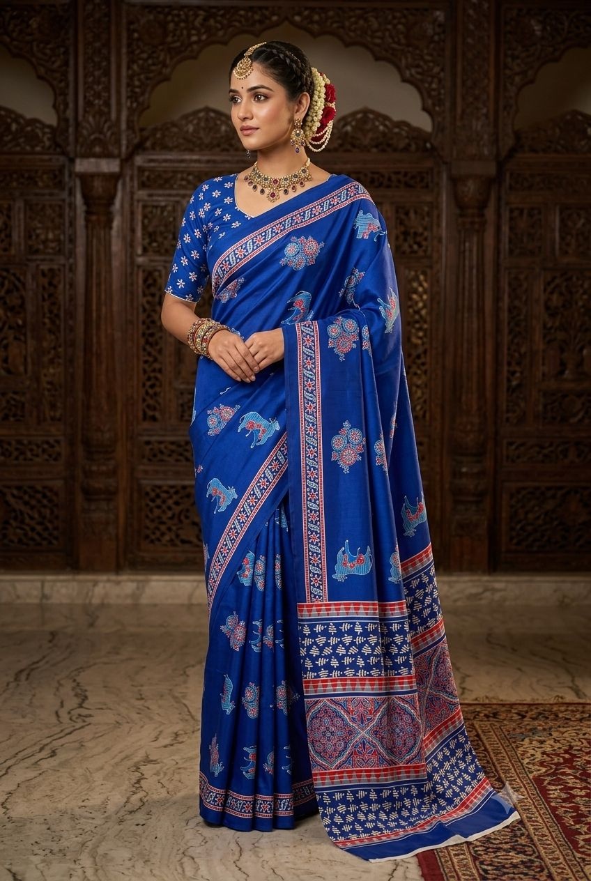 Blue Animal Motif Printed Crepe Silk Saree