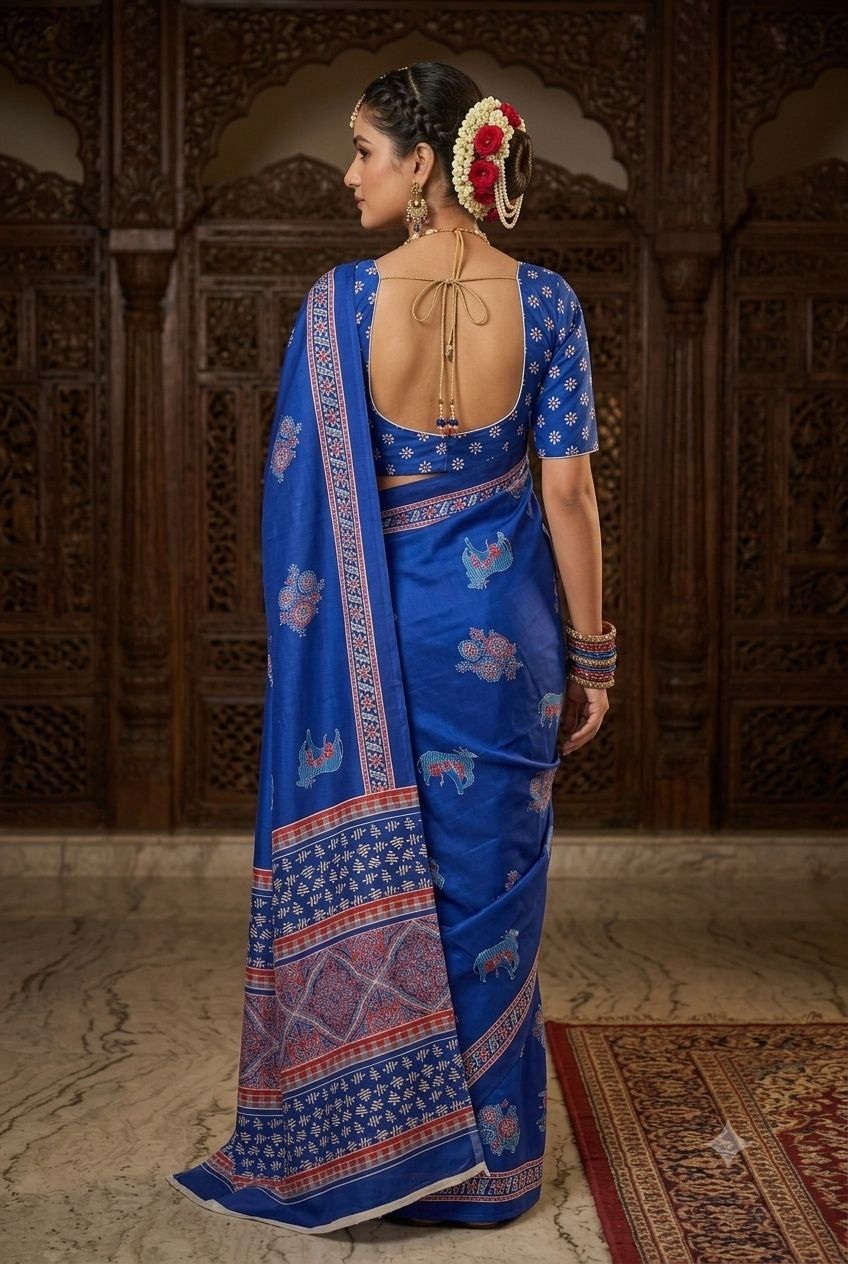 Blue Animal Motif Printed Crepe Silk Saree — alternate view