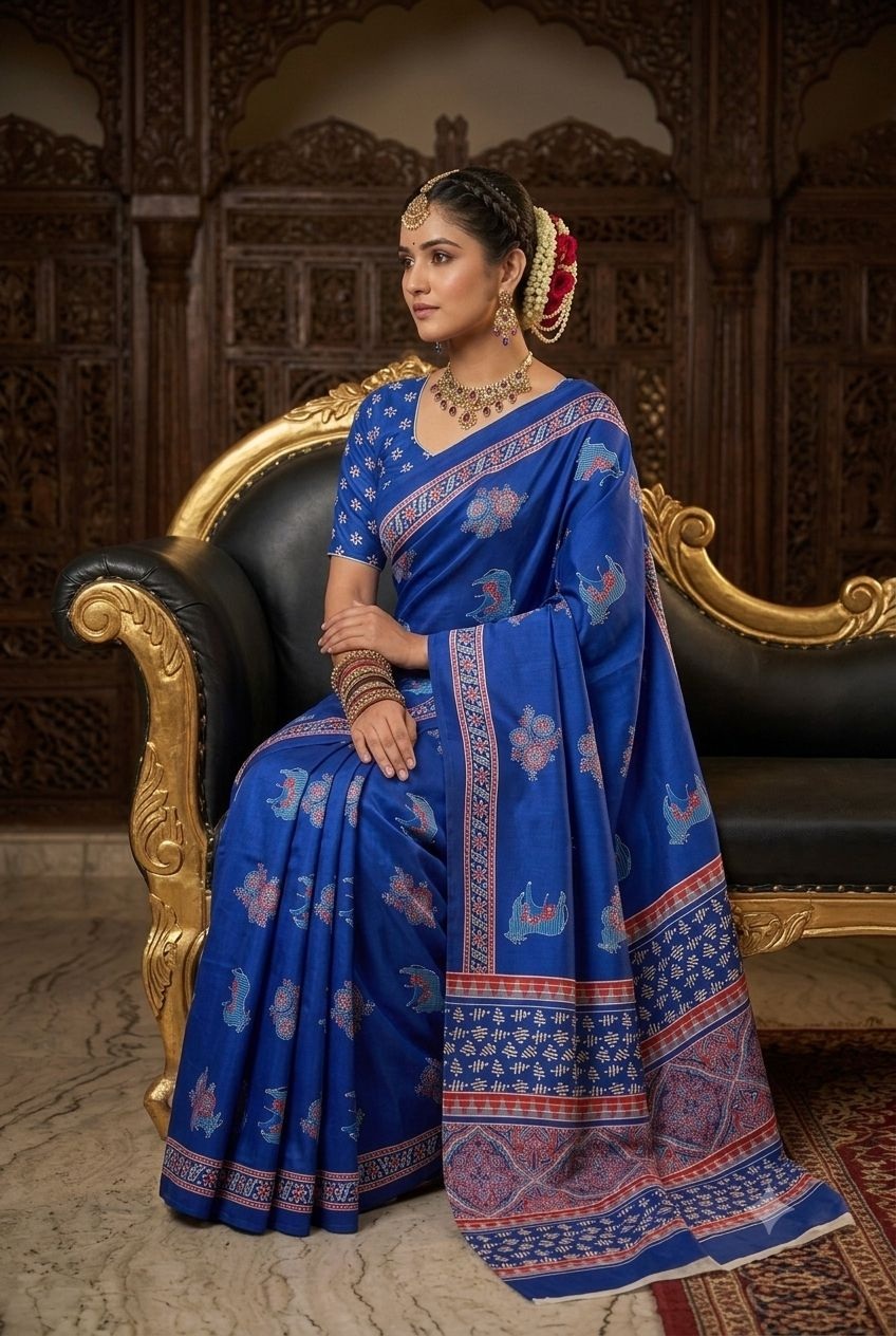 Blue Animal Motif Printed Crepe Silk Saree
