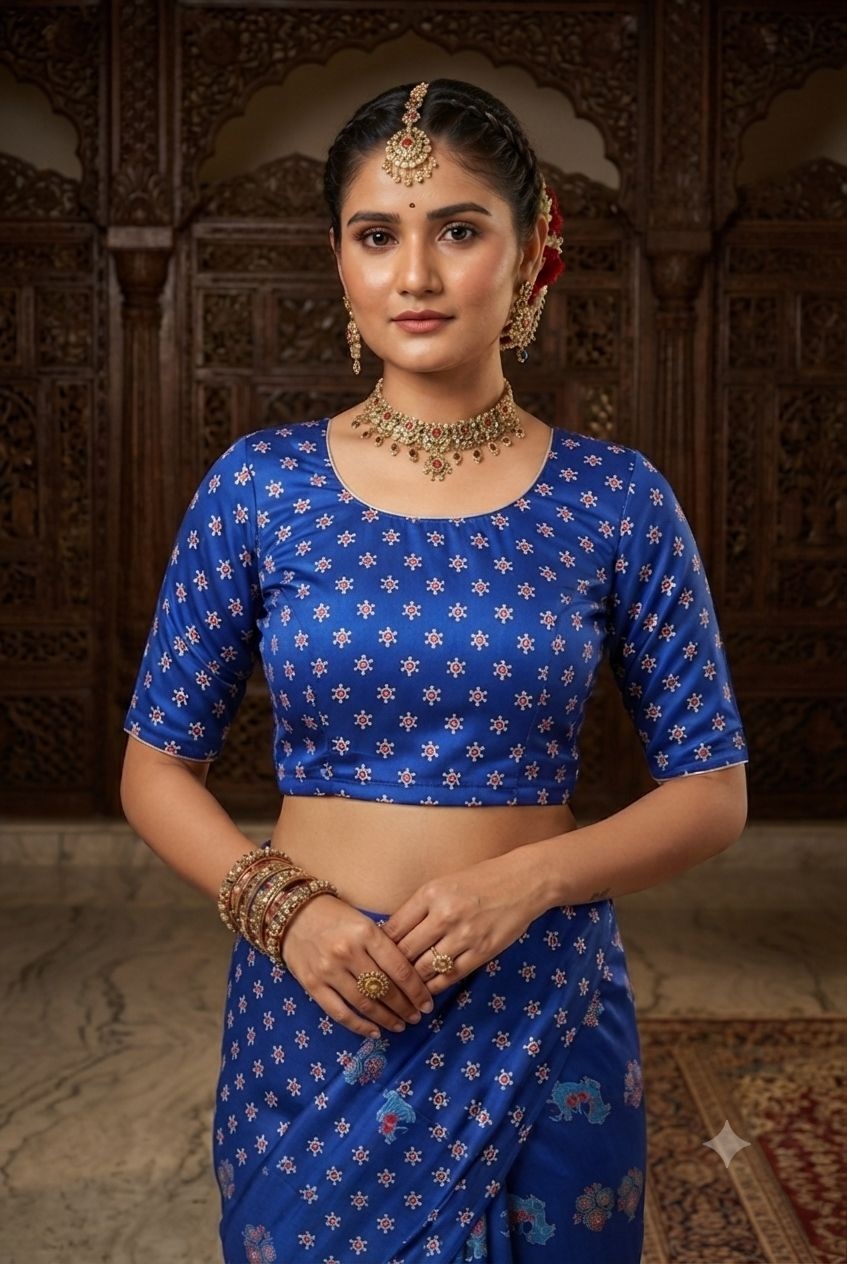 Blue Animal Motif Printed Crepe Silk Saree