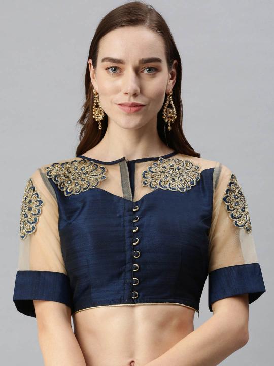 Blue Art Silk N Net Embroidery Readymade Blouse