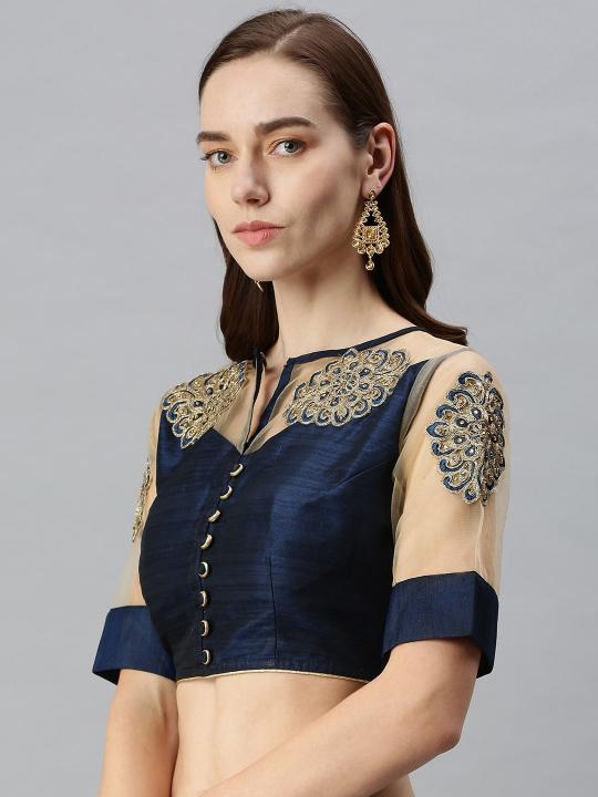 Blue Art Silk N Net Embroidery Readymade Blouse