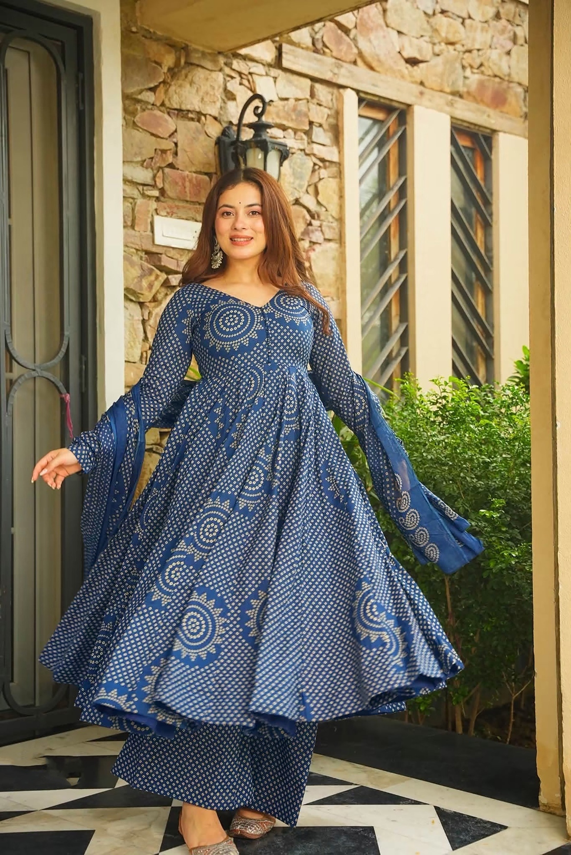 Blue Bandhani Digital Print Cambric Cotton Anarkali Suit