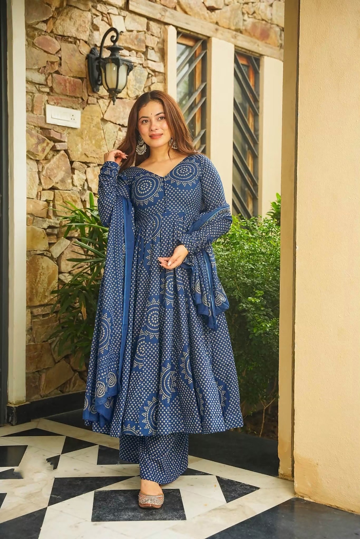 Blue Bandhani Digital Print Cambric Cotton Anarkali Suit