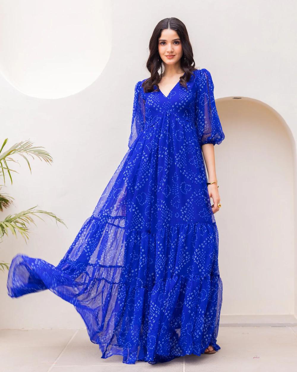 Blue Bandhani Flair Georgette Gown