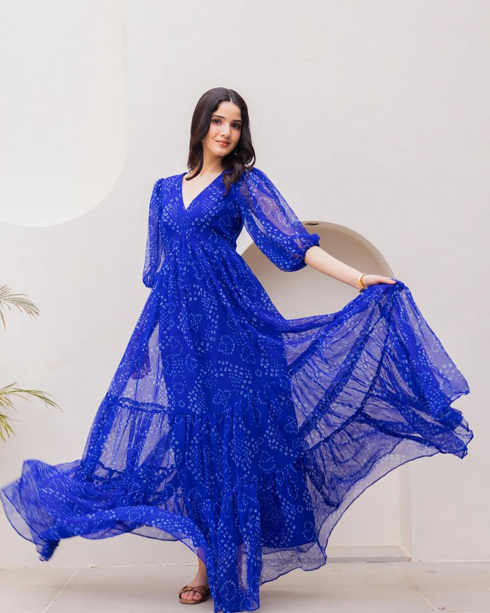 Blue Bandhani Flair Georgette Gown