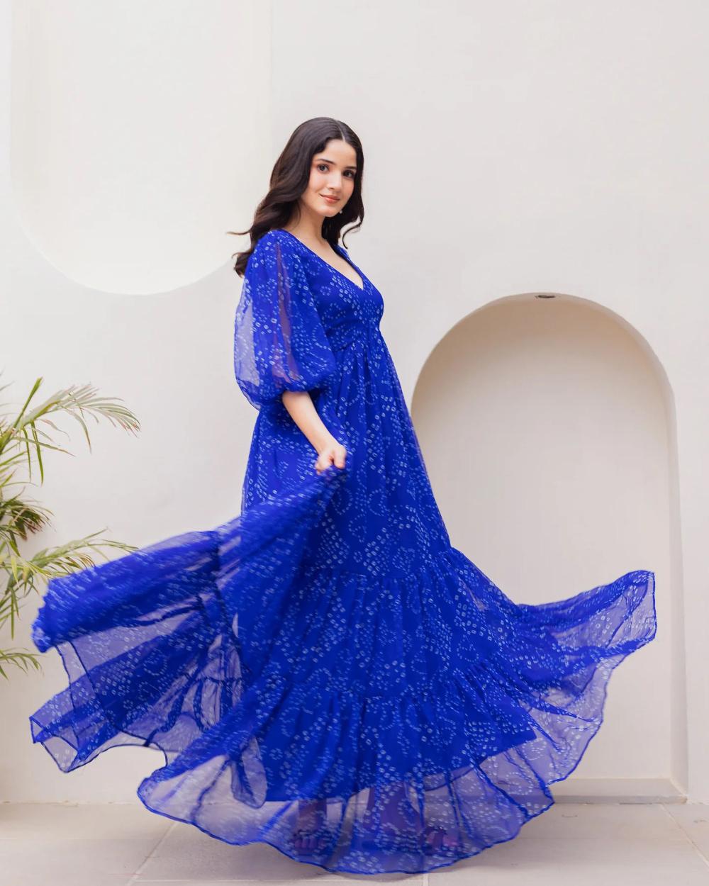 Blue Bandhani Flair Georgette Gown