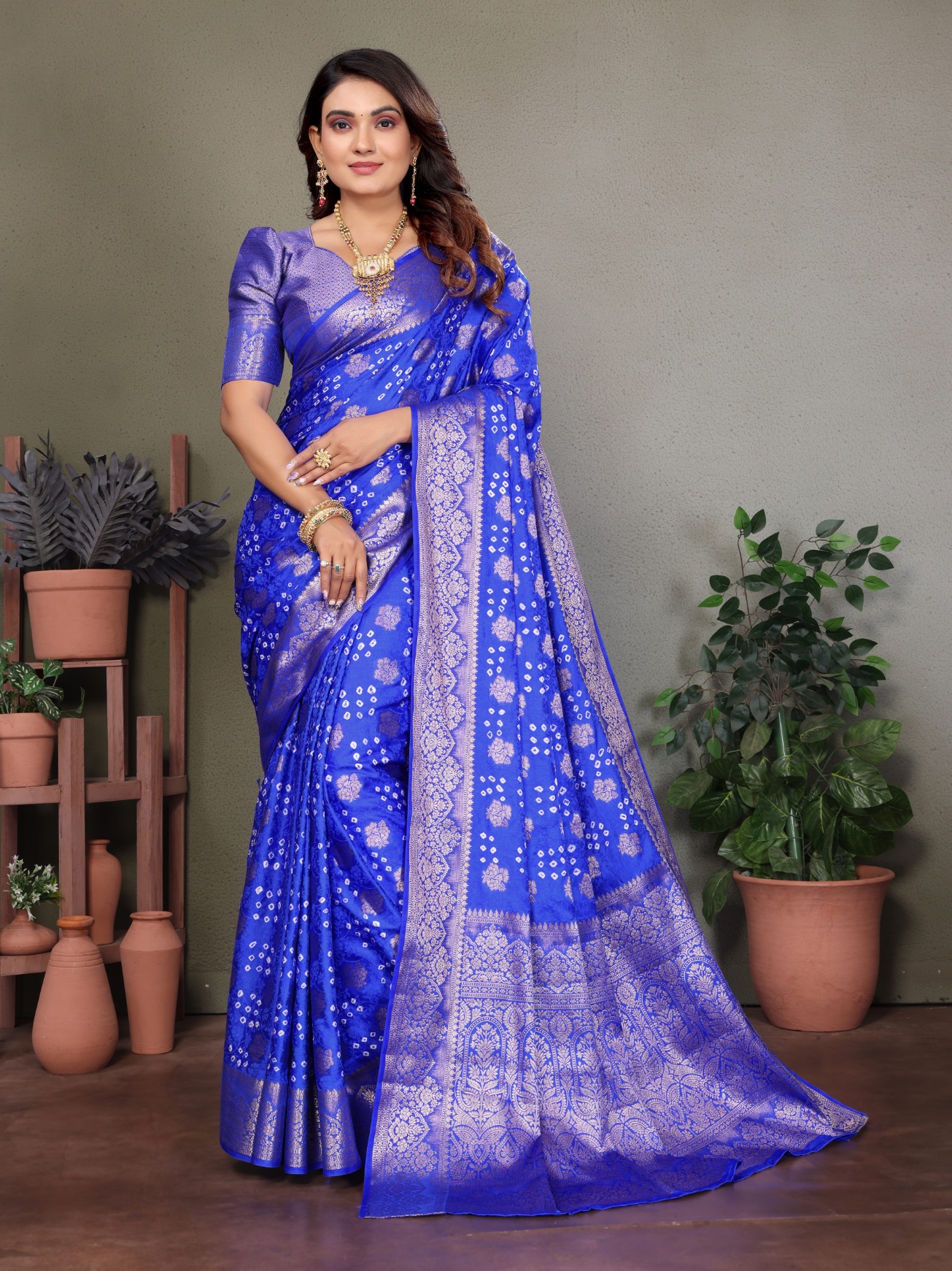 Blue Bandhani Jacquard Work Satin Silk Saree