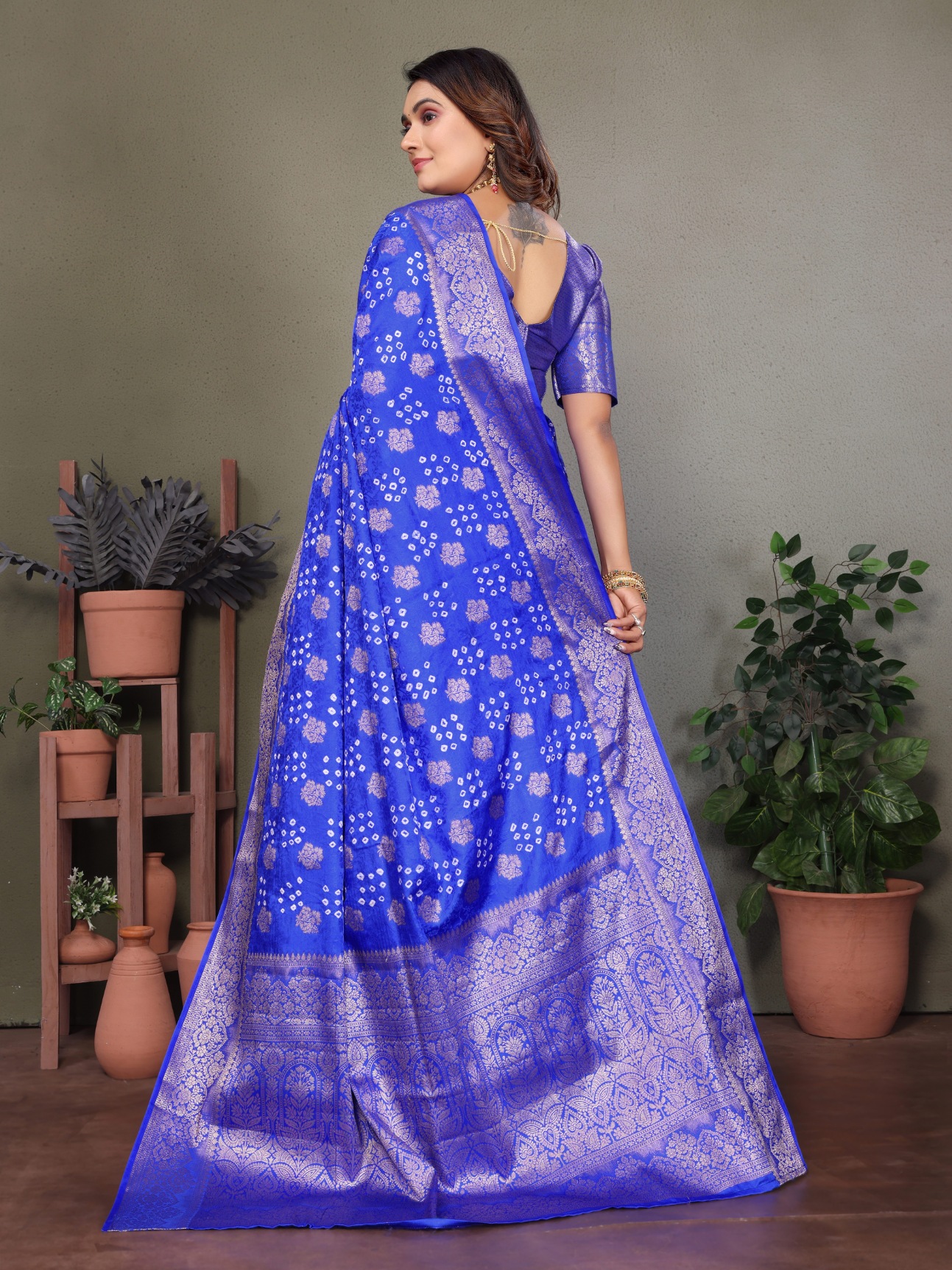 Blue Bandhani Jacquard Work Satin Silk Saree — alternate view