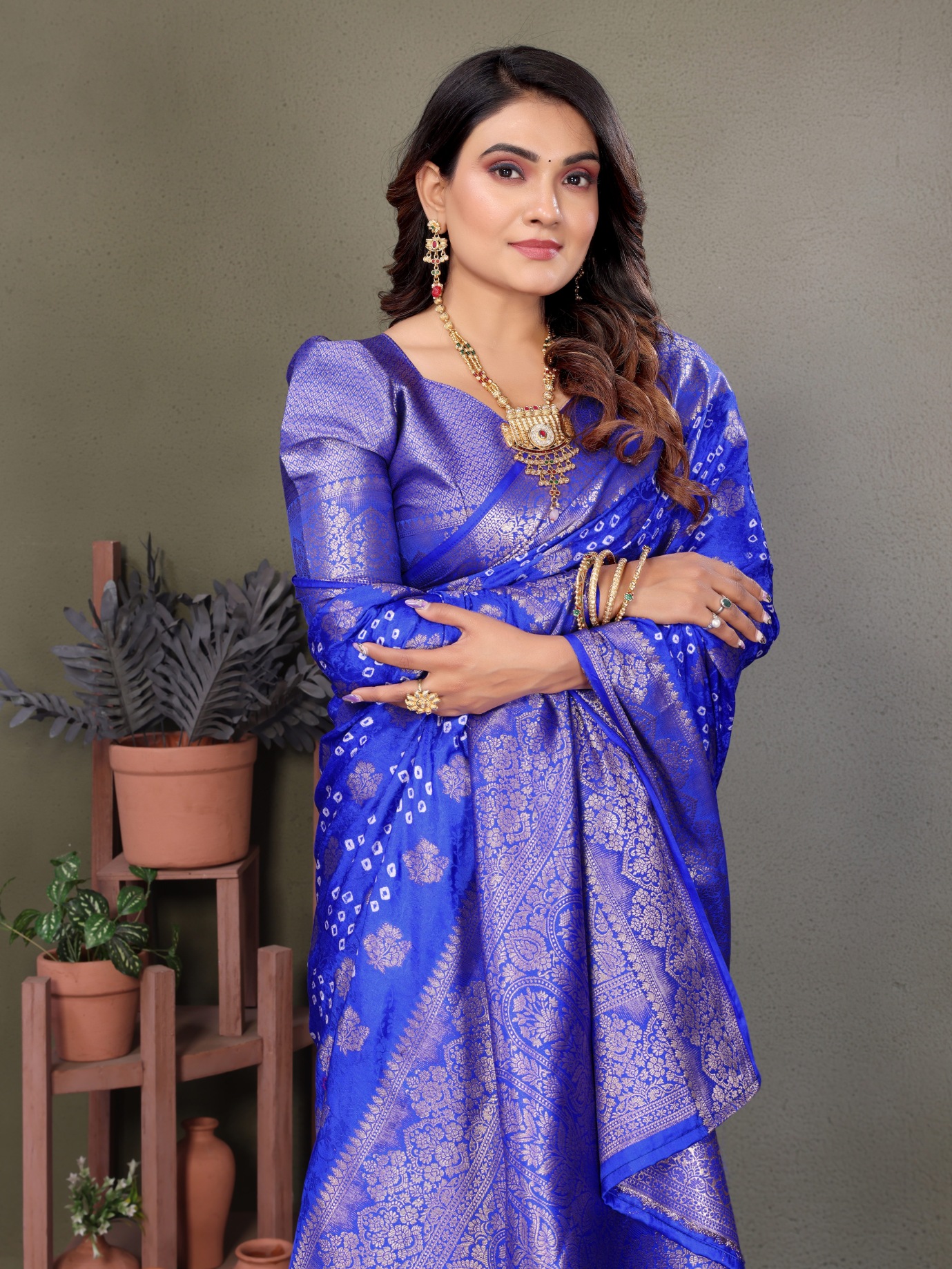 Blue Bandhani Jacquard Work Satin Silk Saree
