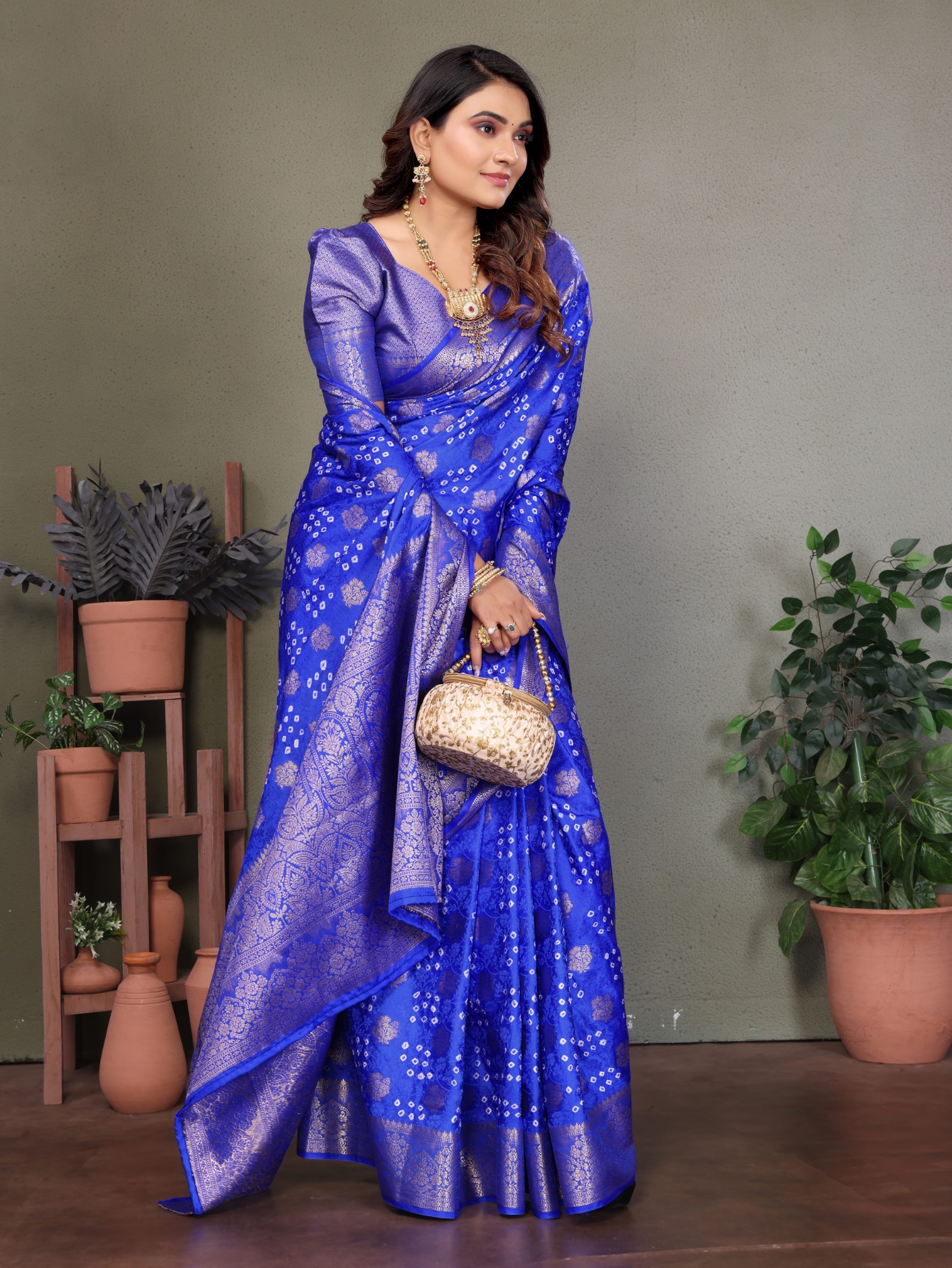 Blue Bandhani Jacquard Work Satin Silk Saree