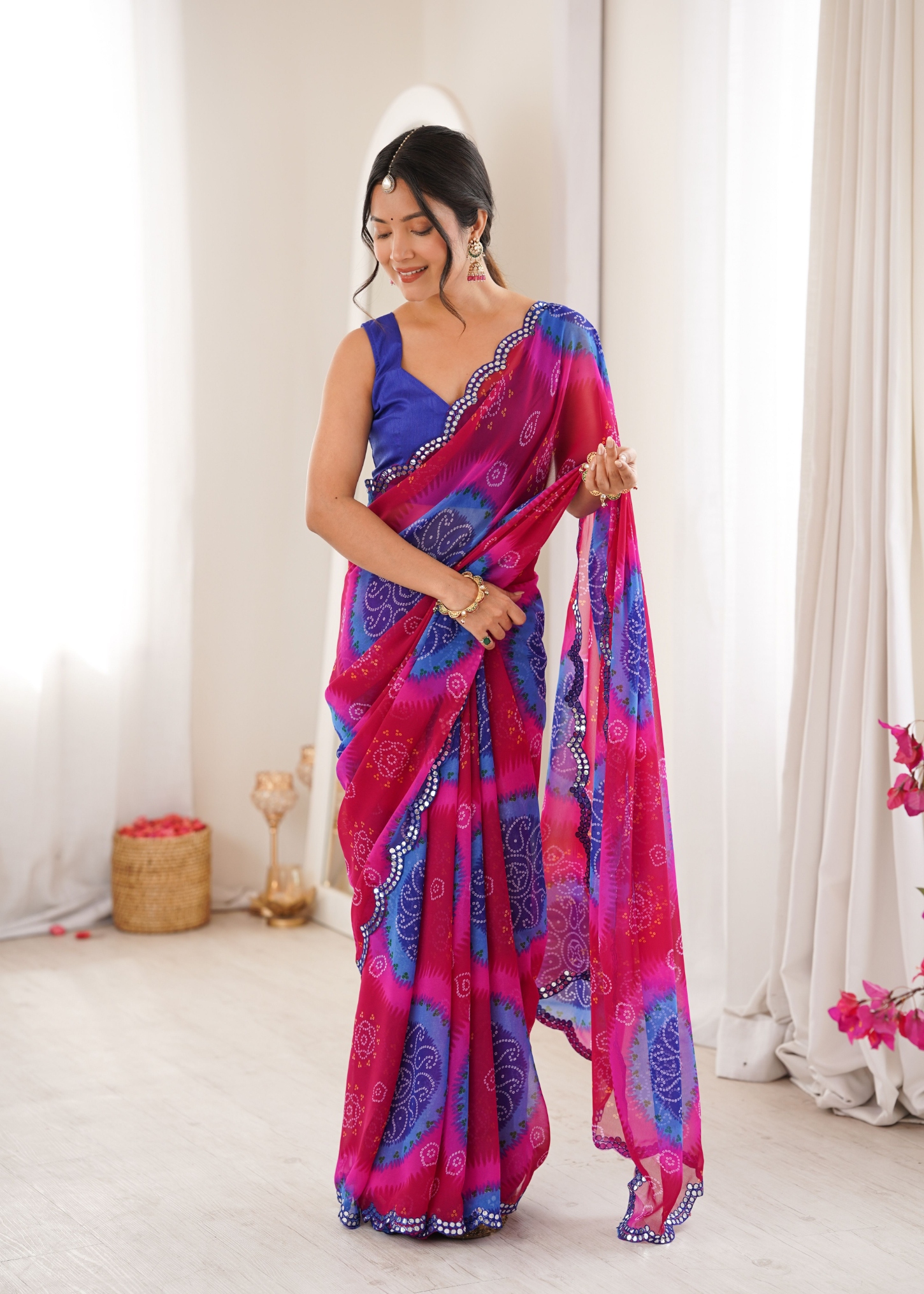 Blue Bandhani Printed Georgette Saree