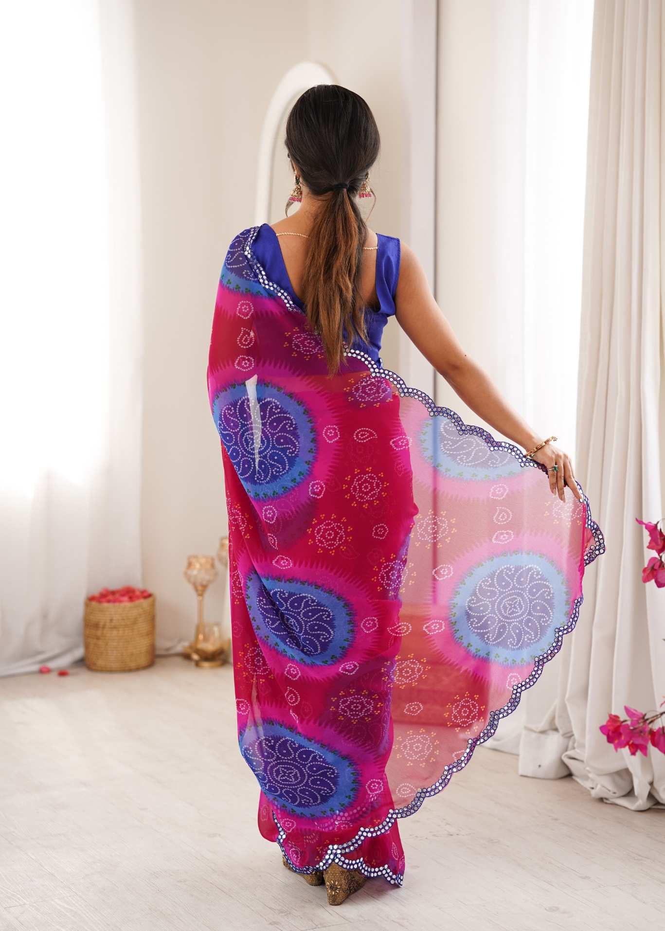 Blue Bandhani Printed Georgette Saree — alternate view