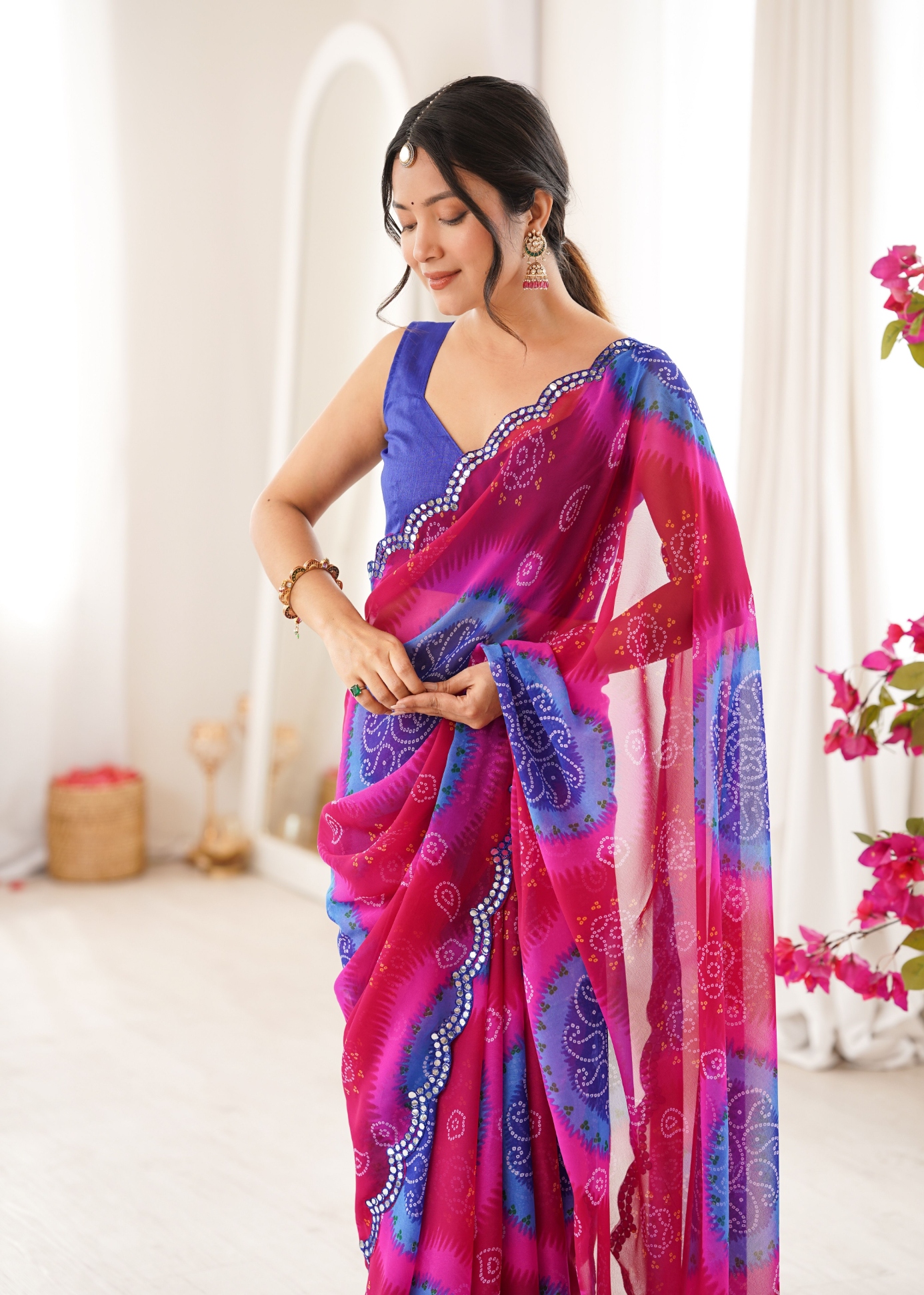 Blue Bandhani Printed Georgette Saree