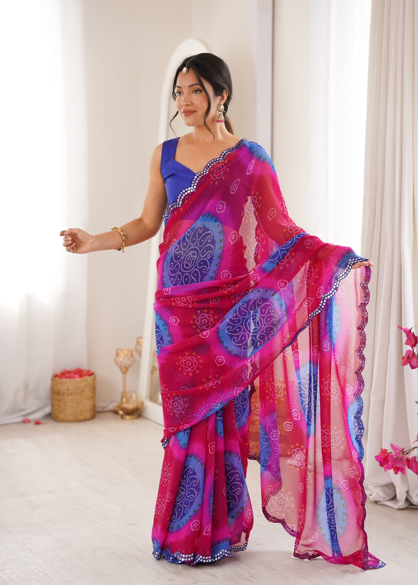 Blue Bandhani Printed Georgette Saree