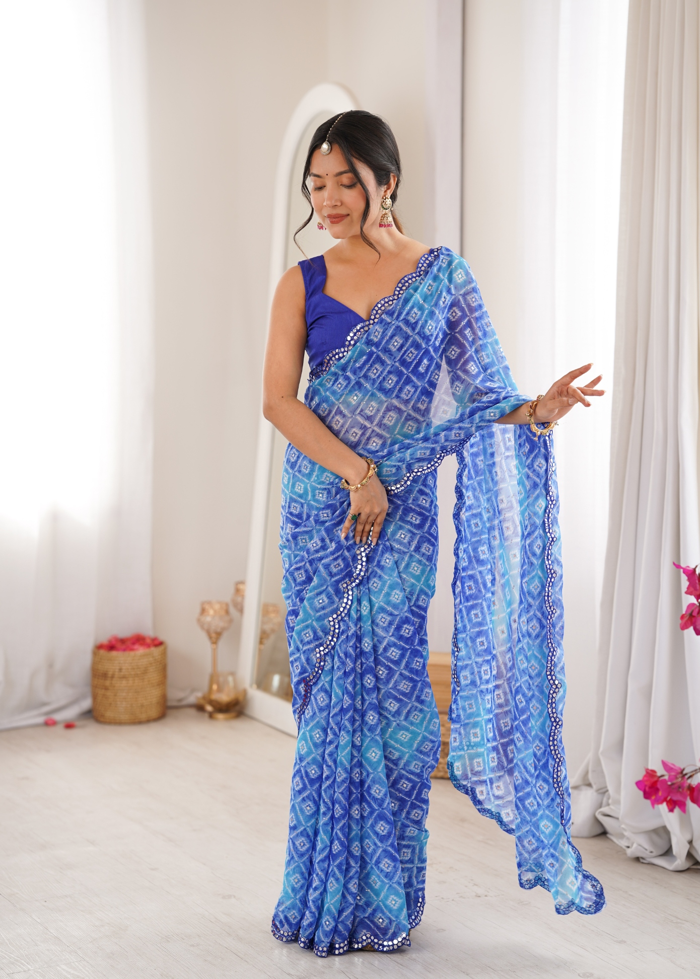 Blue Bandhani Printed Texture Georgette Saree