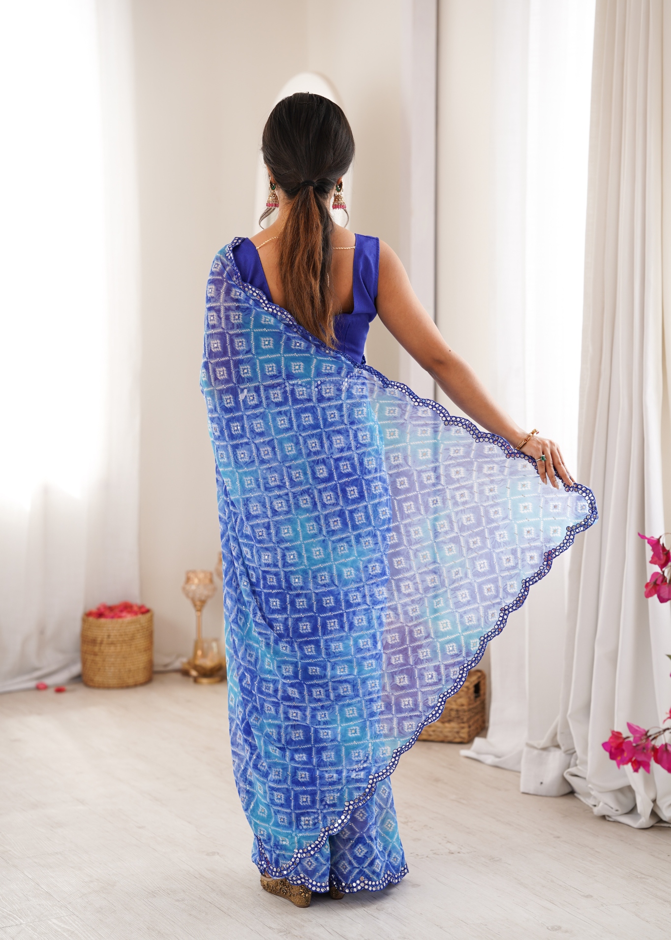 Blue Bandhani Printed Texture Georgette Saree — alternate view